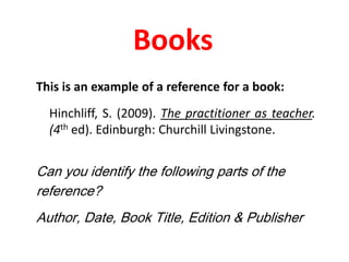 BooksThis is an example of a reference for a book:Hinchliff, S. (2009). The practitioner as teacher. (4th ed). Edinburgh: Churchill Livingstone.Can you identify the following parts of the reference?Author, Date, Book Title, Edition & Publisher