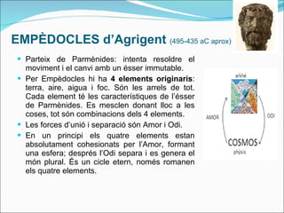 EMPÈDOCLES d’Agrigent  (495-435 aC aprox) Parteix de Parmènides: intenta resoldre el moviment i el canvi amb un ésser immutable. Per Empèdocles hi ha  4 elements originaris : terra, aire, aigua i foc. Són les arrels de tot. Cada element té les característiques de l’ésser de Parmènides. Es mesclen donant lloc a les coses, tot són combinacions dels 4 elements. Les forces d’unió i separació són Amor i Odi. En un principi els quatre elements estan absolutament cohesionats per l’Amor, formant una esfera; després l’Odi separa i es genera el món plural. És un cicle etern, només romanen els quatre elements. 