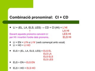 Combinació pronominal:  CI + CD LI + (EL, LA, ELS, LES) -> CD + CI (HI) =  L’HI  ↑  LA HI Davant aquests pronoms canviem LI   LES HI per HI i invertim l’ordre dels pronoms .  ELS HI LI + EN =  LI’N  o  LI N’  (verb començat amb vocal)  LI + HO =  LI HO ELS + (EL, LA, ELS, LES) =  ELS EL  ELS LA ELS ELS ELS LES ELS + EN =  ELS EN ELS + HO =  ELS HO 