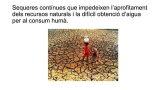 Sequeres contínues que impedeixen l’aprofitament
dels recursos naturals i la difícil obtenció d’aigua
per al consum humà.
 