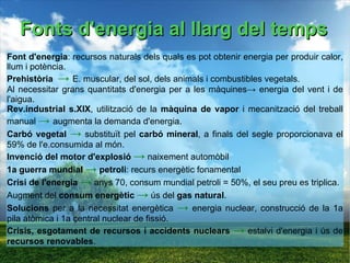 Fonts d'energia al llarg del temps Font d'energia : recursos naturals dels quals es pot obtenir energia per produir calor, llum i potència. 