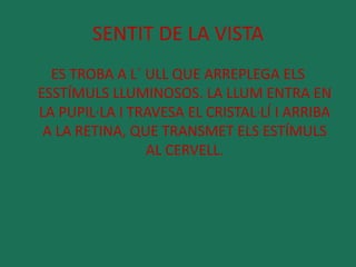 SENTIT DE LA VISTA 
ES TROBA A L´ ULL QUE ARREPLEGA ELS 
ESSTÍMULS LLUMINOSOS. LA LLUM ENTRA EN 
LA PUPIL·LA I TRAVESA EL CRISTAL·LÍ I ARRIBA 
A LA RETINA, QUE TRANSMET ELS ESTÍMULS 
AL CERVELL. 
 