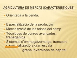AGRICULTURA DE MERCAT (CARACTERÍSTIQUES)
 Orientada a la venda.
 Especialització de la producció
 Mecanització de les feines del camp
 Tècniques de conreu avançades:
transgènics
 Sistemes d’emmagatzematge, transport i
comercialització a gran escala
grans inversions de capital
 