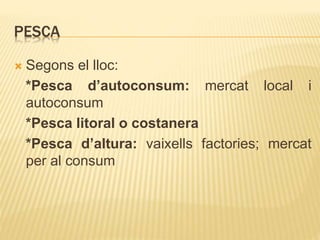 PESCA
 Segons el lloc:
*Pesca d’autoconsum: mercat local i
autoconsum
*Pesca litoral o costanera
*Pesca d’altura: vaixells factories; mercat
per al consum
 