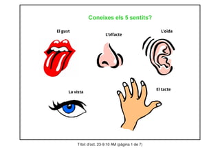 Coneixes els 5 sentits?

El gust                                                L'oïda
                           L'olfacte




                                                     El tacte
      La vista




          Títol: d’oct. 23-9:10 AM (pàgina 1 de 7)
 