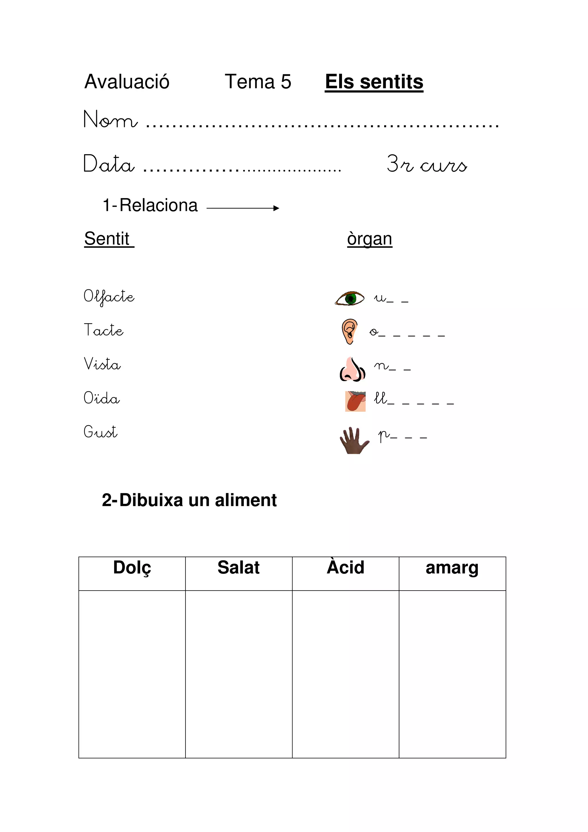 Avaluació        Tema 5     Els sentits
Nom ………………………………………………

Data ……………....................       3r curs
  1- Relaciona
Sentit                           òrgan


Olfacte                             u_ _

Tacte                              o_ _ _ _ _

Vista                               n_ _

Oïda                                ll_ _ _ _ _

Gust                                p_ _ _



  2- Dibuixa un aliment


    Dolç         Salat      Àcid           amarg
 