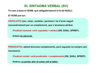 EL SINTAGMA VERBAL (SV) 
Té com a base el VERB, que obligatòriament hi fa de NUCLI. 
El VERB pot ser: 
COPULATIU (ser, estar, semblar, paréixer): ha d’anar seguit 
necessàriament per un complement, que s’anomena atribut. 
Predicat nominal: verb copulatiu + atribut (SN, SADJ, SPREP). 
Antoni és advocat. 
PREDICATIU: admet diversos complements, però aquests no sempre són 
necessaris. 
Predicat verbal: verb predicatiu + complements (SN, SADJ, SPREP). 
Andreu va portar ahir el cotxe vell al taller. 
 