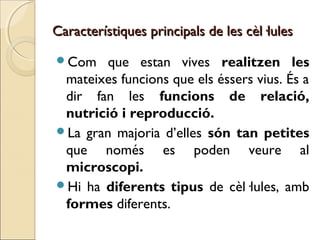 Característiques principals de les cèl·lulesCaracterístiques principals de les cèl·lules
Com que estan vives realitzen les
mateixes funcions que els éssers vius. És a
dir fan les funcions de relació,
nutrició i reproducció.
La gran majoria d’elles són tan petites
que només es poden veure al
microscopi.
Hi ha diferents tipus de cèl·lules, amb
formes diferents.
 