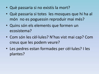 • Què passaria si no existís la mort?
• Què passaria si totes les mosques que hi ha al
món no es poguessin reproduir mai més?
• Quins són els elements que formen un
ecosistema?
• Com són les cèl·lules? N’has vist mai cap? Com
creus que les podem veure?
• Les pedres estan formades per cèl·lules? I les
plantes?
 