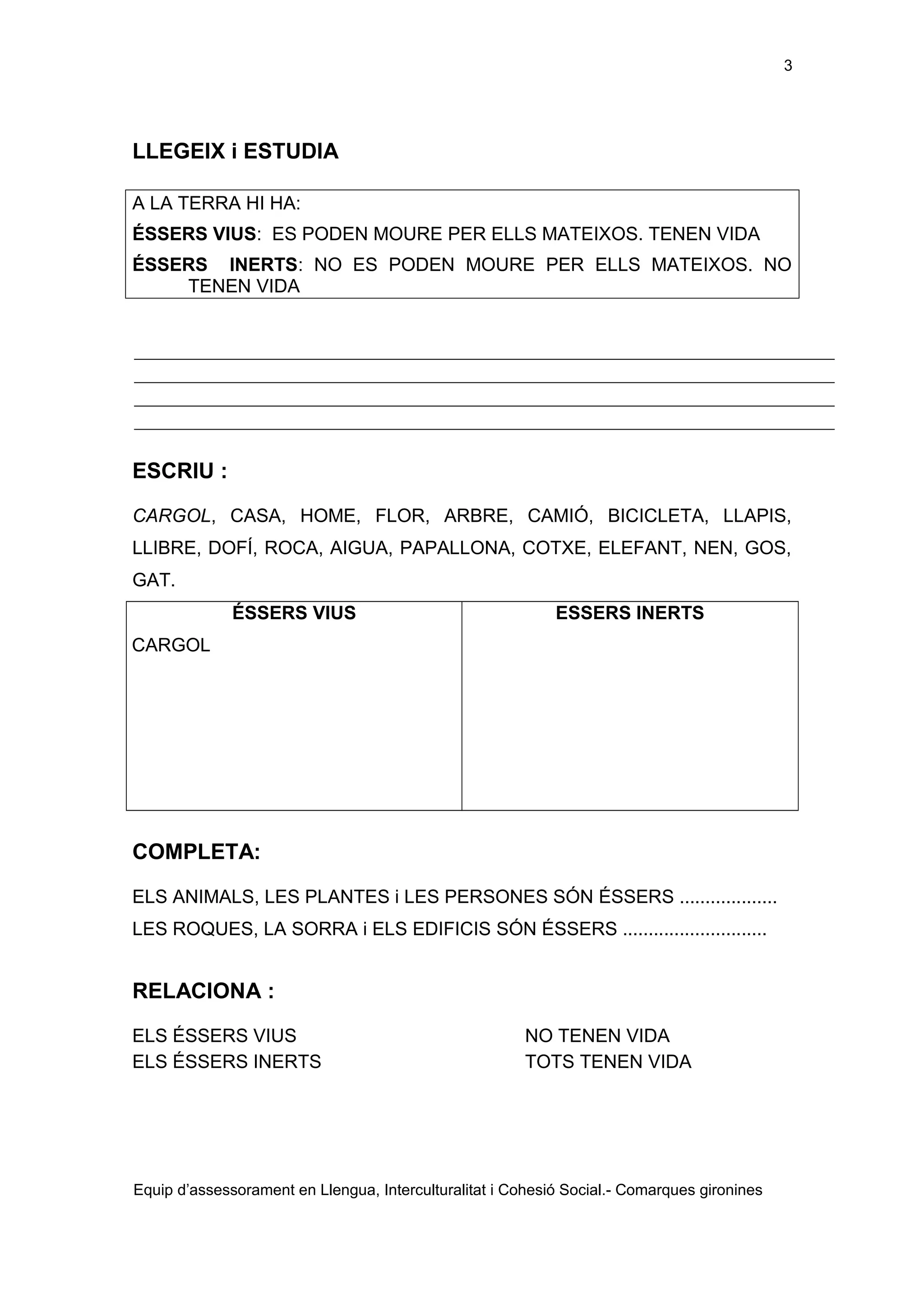 3

LLEGEIX i ESTUDIA
A LA TERRA HI HA:
ÉSSERS VIUS: ES PODEN MOURE PER ELLS MATEIXOS. TENEN VIDA
ÉSSERS INERTS: NO ES PODEN MOURE PER ELLS MATEIXOS. NO
TENEN VIDA

ESCRIU :
CARGOL, CASA, HOME, FLOR, ARBRE, CAMIÓ, BICICLETA, LLAPIS,
LLIBRE, DOFÍ, ROCA, AIGUA, PAPALLONA, COTXE, ELEFANT, NEN, GOS,
GAT.
ÉSSERS VIUS

ESSERS INERTS

CARGOL

COMPLETA:
ELS ANIMALS, LES PLANTES i LES PERSONES SÓN ÉSSERS ...................
LES ROQUES, LA SORRA i ELS EDIFICIS SÓN ÉSSERS ............................

RELACIONA :
ELS ÉSSERS VIUS
ELS ÉSSERS INERTS

NO TENEN VIDA
TOTS TENEN VIDA

Equip d’assessorament en Llengua, Interculturalitat i Cohesió Social.- Comarques gironines

 