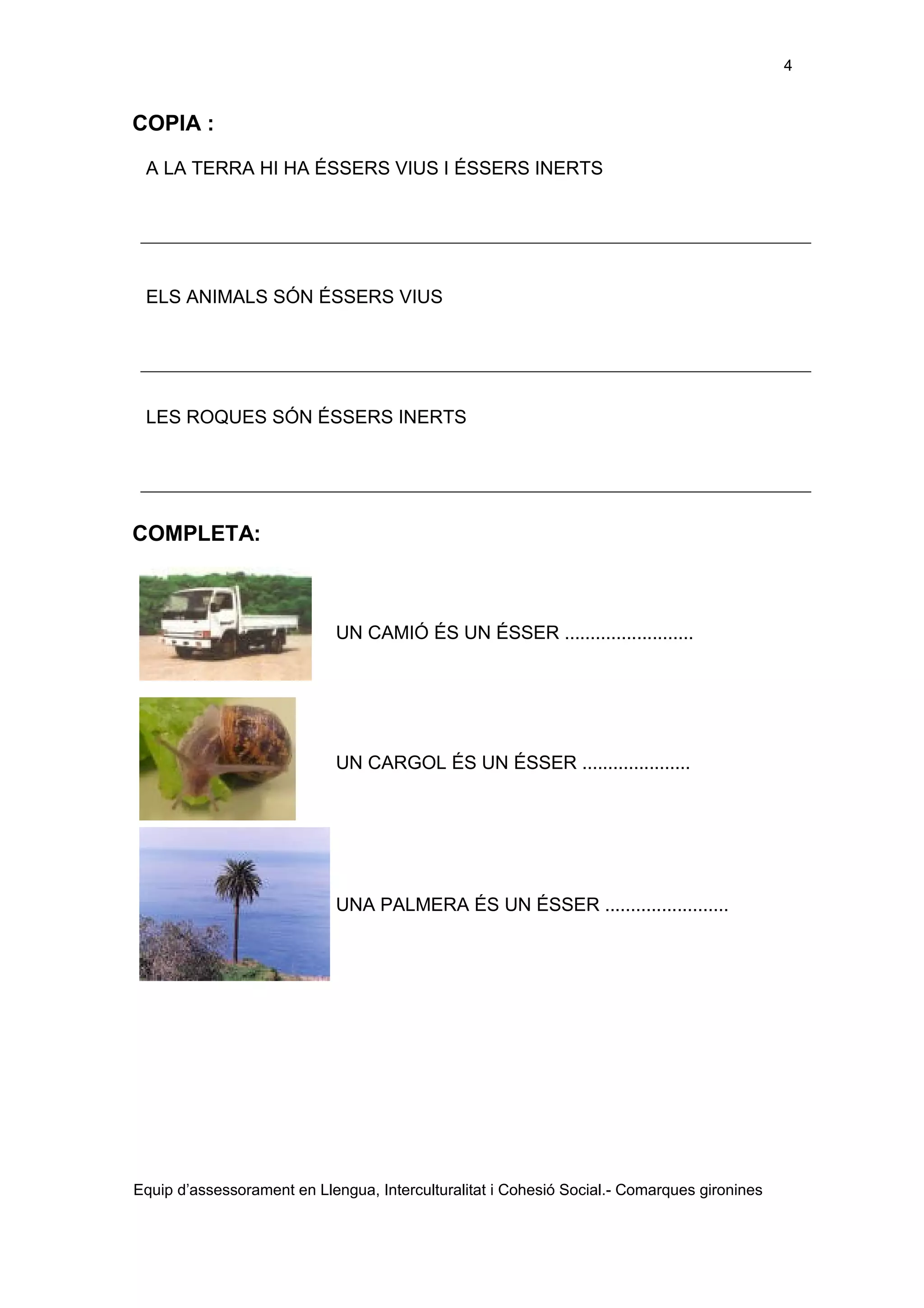 4

COPIA :
A LA TERRA HI HA ÉSSERS VIUS I ÉSSERS INERTS

ELS ANIMALS SÓN ÉSSERS VIUS

LES ROQUES SÓN ÉSSERS INERTS

COMPLETA:

UN CAMIÓ ÉS UN ÉSSER .........................

UN CARGOL ÉS UN ÉSSER .....................

UNA PALMERA ÉS UN ÉSSER ........................

Equip d’assessorament en Llengua, Interculturalitat i Cohesió Social.- Comarques gironines

 