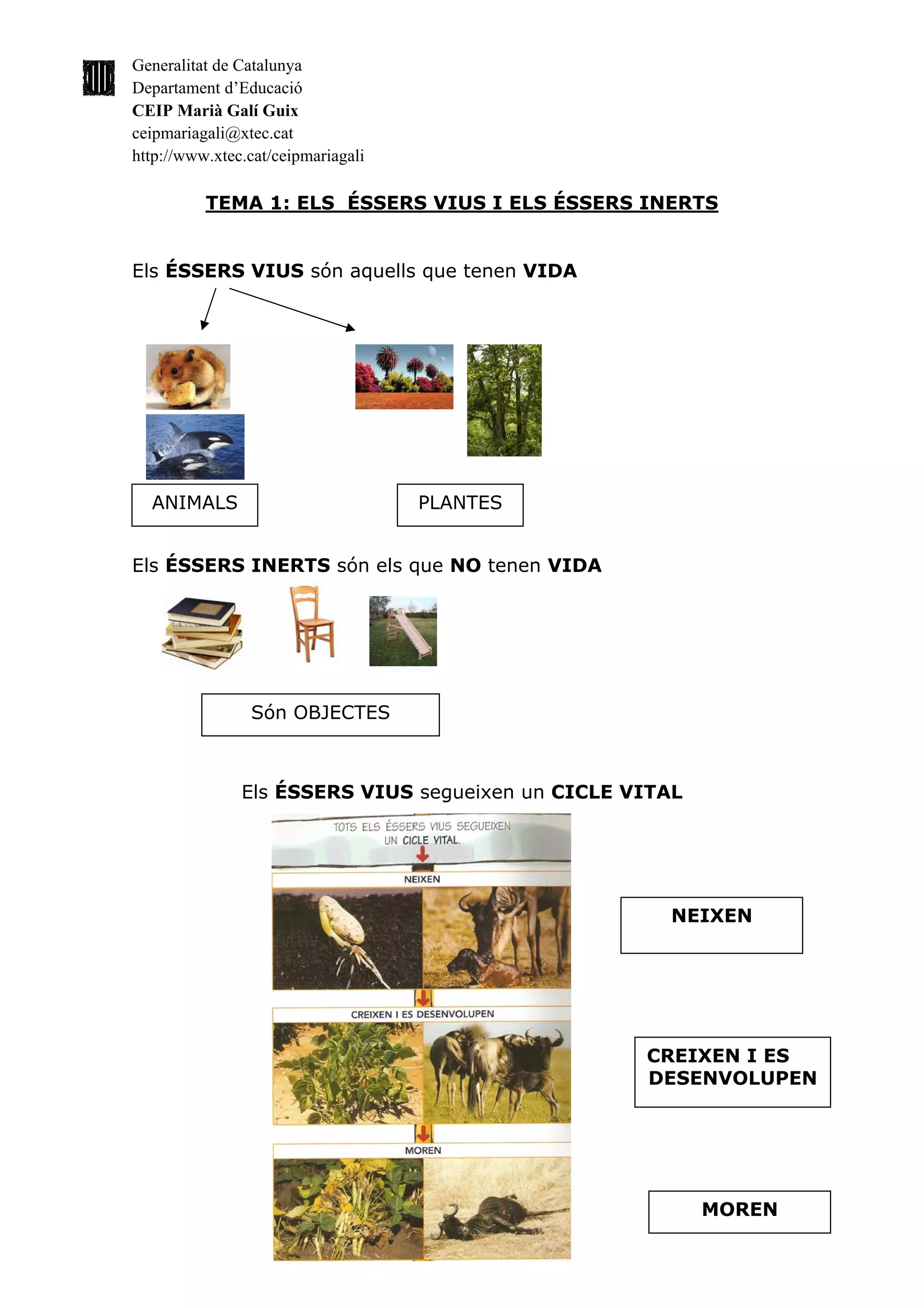 Generalitat de Catalunya
Departament d’Educació
CEIP Marià Galí Guix
ceipmariagali@xtec.cat
http://www.xtec.cat/ceipmariagali

          TEMA 1: ELS ÉSSERS VIUS I ELS ÉSSERS INERTS


Els ÉSSERS VIUS són aquells que tenen VIDA




  ANIMALS                           PLANTES


Els ÉSSERS INERTS són els que NO tenen VIDA




                Són OBJECTES



               Els ÉSSERS VIUS segueixen un CICLE VITAL




                                                     NEIXEN




                                                   CREIXEN I ES
                                                   DESENVOLUPEN




                                                          MOREN
 