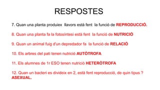 RESPOSTES
7. Quan una planta produiex llavors està fent la funció de REPRODUCCIÓ.
8. Quan una planta fa la fotosíntesi està fent la funció de NUTRICIÓ
9. Quan un animal fuig d'un depredador fa la funció de RELACIÓ
10. Els arbres del pati tenen nutrició AUTÒTROFA
11. Els alumnes de 1r ESO tenen nutrició HETERÒTROFA
12. Quan un bacteri es divideix en 2, està fent reproducció, de quin tipus ?
ASEXUAL.
 