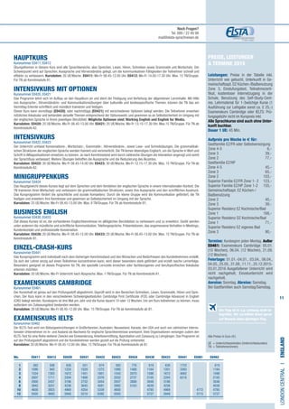 11
Preise, Leistungen
& Termine 2015
Leistungen: Preise in der Tabelle inkl.
Unterricht wie gebucht, Unterkunft in Ge-
meinschaftsapt. DZ Küchen-/Badbenutzung
Zone 3, Einstufungstest, Teilnahmezerti-
fikat, kostenloser Internetzugang in der
Schule, Benutzung des Self-Study-Cent-
res. Lehrmaterial für 1-3wöchige Kurse (1
Ausführung zur Leihgabe sonst ca. £ 25,-)
Examenskurs Cambridge oder IELTS: Prü-
fungsgebühr nicht im Kurspreis inkl.
Alle Sprachkurse sind auch ohne Unter-
kunft buchbar.
Dauer 1 UE: 45 Min.
Aufpreis pro Woche in € für:
Gastfamilie EZ/FR oder Selbstversorgung 		
Zone 4-5 	 6,-
Zone 3 ​	 39,-
Zone 2 	 77,-
Gastfamilie EZ/HP
Zone 4-5 	 45,-​
Zone 3 	 65,-
Zone 2	 103,-
Superior Familie EZ/FR ​Zone 1- 2	​123,-
Superior Familie EZ/HP ​Zone 1-2	 ​155,-
Gemeinschaftsapt. EZ Küchen-/
Badbenutzung
Zone 2​	 45,-
Zone 3 	 39,-
Superior Residenz EZ Kochnische/Bad
Zone 1 	 168,-
Superior Residenz DZ Kochnische/Bad
Zone 1 	 71,-
Superior Residenz EZ eigenes Bad
Zone 3	 90,-	
	
Termine: Kursbeginn jeden Montag. Außer
E0461: Examenskurs Cambridge: 05.01.
(10 Wochen), 06.04. (12 Wochen), 21.09.
(12 Wochen).
Feiertage: 01.01.-04.01., 03.04., 06.04.,
04.05.,25.05.,31.08.,11.11.,25.12.2015-
03.01.2016 Ausgefallener Unterricht wird
nicht nachgeholt, Einzelunterricht wird
nachgeholt.
Anreise: Sonntag. Abreise: Samstag.
Bei Gastfamilien auch Samstag/Samstag.
Der Flug ist in o.g. Leistung nicht in-
begriffen. Wir vermitteln Ihnen gerne
auf Wunsch einen günstigen Flug.
Alle Preise in Euro (€)
UE = Unterrichtseinheiten (Unterrichtsstunden)
TN	 = Teilnehmer(innen)
LONDONCENTRALI•England
	Wo. E0411 E0412 E0420 E0421 E0422 E0423 E0424 E0430 E0433 E0441 E0461 E0462
	1 	582	508	638	551	674	582	776	619	638	1733	 	619
	2 	1090	 942	1224	1029	1275	1090	1488	1164	1201	3393		1164
	3 	1524	1303	1672	1451	1801	1543	2070	1598	1672	4682		1598
	4 	2007	1711	2204	1908	2376	2032	2737	2105	2204	6218	 	2105	
	6 	2900	2457	3196	2752	3454	2937	3888	3048	3196	 		3048
	8 	3842	3251	4236	3645	4581	3892	5163	4039	4236			4039	
	10 	4600	3923	4969	4354	5339	4600		4785	4969		4772	4785	
	12 	5505	4693	5949	5210	6392	5505		5727	5949		5715	5727
HAUPTKURS​
Kursnummer E0411, E0412
Übungsthemen in diesem Kurs sind alle Sprachbereiche, also Sprechen, Lesen, Hören, Schreiben sowie Grammatik und Wortschatz. Der
Schwerpunkt wird auf Sprechen, Aussprache und Hörverständnis gelegt, um die kommunikativen Fähigkeiten der Teilnehmer schnell und
effektiv zu verbessern. Kursdaten: 20 UE/Woche. E0411: Mo-Fr 08.45-12.00 Uhr. E0412: Mo-Fr 14.00-17.30 Uhr. Max. 15 TN/Gruppe.
Für TN ab Kenntnisstufe A1.
INTENSIVKURS mit Optionen
Kursnummer E0420, E0421
Das Programm lehnt sich im Aufbau an den Hauptkurs an und dient der Festigung und Vertiefung der allgemeinen Lerninhalte. Mit Hilfe
von Aussprache-, Hörverständnis- und Kommunikationsübungen über kulturelle und landesspezifische Themen, können die TN das am
Vormittag Erlernte schriftlich und mündlich trainieren und festigen.
Dieser Kurs kann vormittags (E0420), oder nachmittags (E0421) mit verschiedenen Optionen belegt werden. Die Teilnehmer erwerben
nützliches Vokabular und behandeln aktuelle Themen entsprechend der Optionswahl, und gewinnen so an Selbstsicherheit im Umgang mit
der englischen Sprache in ihrem jeweiligen Berufsfeld. Mögliche Optionen sind: Working English und English for Media.
Kursdaten: E0420: 25 UE/Woche. Mo-Fr 08.45-13.00 Uhr. E0421: 25 UE/Woche, Mo-Fr 13.15-17.30 Uhr. Max.15 TN/Gruppe. Für TN ab
Kenntnisstufe A2.
INTENSIVKURS​	
Kursnummer E0422, E0423
Der Unterricht umfasst Konversations-, Wortschatz-, Grammatik-, Hörverständnis-, sowie Lese- und Schreibübungen. Die grammatikali-
schen Strukturen der englischen Sprache werden trainiert und verinnerlicht. Die TN lernen lebendiges Englisch, um die Sprache in Wort und
Schrift in Alltagssituationen einsetzen zu können. Je nach Kenntnisstand wird durch zahlreiche Übungen die Interaktion angeregt und somit
der Sprachfluss verbessert. Weitere Übungen betreffen die Aussprache und die Reduzierung des Akzentes.
Kursdaten: E0422: 30 UE/Woche. Mo-Fr 08.45-14.00 Uhr. E0423: 30 UE/Woche. Mo-Fr 12.15-17.30 Uhr. Max. 15 TN/Gruppe. Für TN ab
Kenntnisstufe A2.
MINIGRUPPENKURS 	
Kursnummer E0424
Das Hauptgewicht dieses Kurses liegt auf dem Sprechen und dem Verstehen der englischen Sprache in einem internationalen Kontext. Die
TN trainieren ihren Wortschatz und verbessern die grammatikalischen Strukturen, sowie ihre Aussprache und den schriftlichen Ausdruck.
Das Kursprogramm fördert die sprachliche und soziale Kompetenz. Durch die kleine Gruppe wird die Kommunikation gefördert, die TN
festigen und erweitern ihre Kenntnisse und gewinnen an Selbstsicherheit im Umgang mit der Sprache.
Kursdaten: 25 UE/Woche. Mo-Fr 08.45-13.00 Uhr. Max. 8 TN/Gruppe. Für TN ab Kenntnisstufe B1.
BUSINESS ENGLISH​	
Kursnummer E0430, E0433
Ziel dieses Kurses ist es, die vorhandenen Englischkenntnisse im alltäglichen Berufsleben zu verbessern und zu erweitern. Geübt werden
unter anderem die mündliche und schriftliche Kommunikation,Telefongespräche, Präsentationen, das angemessene Verhalten in Meetings,
Kundenkontakt und professionelle Konversation.
Kursdaten: E0430: 20 UE/Woche. Mo-Fr 08.45-12.00 Uhr. E0433: 25 UE/Woche, Mo-Fr 08.45-13.00 Uhr. Max. 15 TN/Gruppe. Für TN ab
Kenntnisstufe B1.
EINZEL-CRASH-KURS	
Kursnummer E0441
Das Kursprogramm wird individuell nach dem bisherigen Kenntnisstand und den Wünschen und Bedürfnissen des Kursteilnehmers erstellt.
Da sich der Lehrer einzig auf einen Teilnehmer konzentrieren kann, wird dieser besonders stark gefördert und erzielt rasche Lernerfolge.
Besonders geeignet ist dieses Programm für TN, die spezielle Lernziele erreichen oder fachbezogenes und berufspezifisches Vokabular
erlernen möchten.
Kursdaten: 20 UE/Woche. Mo-Fr Unterricht nach Absprache. Max. 1 TN/Gruppe. Für TN ab Kenntnisstufe A1.
EXAMENSKURS CAMBRIDGE	
Kursnummer E0461
Der Kursinhalt ist genau auf den Prüfungsstoff abgestimmt. Geprüft wird in den Bereichen Schreiben, Lesen, Grammatik, Hören und Spre-
chen. Der Kurs kann in den verschiedenen Schwierigkeitsstufen Cambridge First Certificate (FCE) oder Cambridge Advanced in English
(CAE) belegt werden. Kursbeginn ist drei Mal pro Jahr und die Kurse dauern 10 oder 12 Wochen. Um am Kurs teilnehmen zu können, muss
außerdem ein Zulassungstest bestanden werden.
Kursdaten: 20 UE/Woche. Mo-Fr 08.45-12.00 Uhr. Max. 15 TN/Gruppe. Für TN ab Kenntnisstufe ab B1.
EXAMENSKURS IELTS​	
Kursnummer E0462
Der IELTS-Test wird von Bildungseinrichtungen in Großbritannien, Australien, Neuseeland, Kanada, den USA und auch von zahlreichen interna-
tionalen Unternehmen im In- und Ausland als Nachweis für englische Sprachkenntnisse anerkannt. Viele Organisationen verlangen zudem den
IELTS-Test für eine Reihe weiterer Zwecke wie Einwanderung,Arbeitsvermittlung,Approbation und Zulassung zu Lehrgängen. Das Programm ist
auf den Prüfungsstoff abgestimmt und die Kursteilnehmer werden gezielt auf die Prüfung vorbereitet.
Kursdaten: 20 UE/Woche. Mo-Fr 08.45-12.00 Uhr. Max. 15 TN/Gruppe. Für TN ab Kenntnisstufe ab B1.
Noch Fragen?
Tel. 089 / 22 49 99
mail@elsta-sprachreisen.de
 