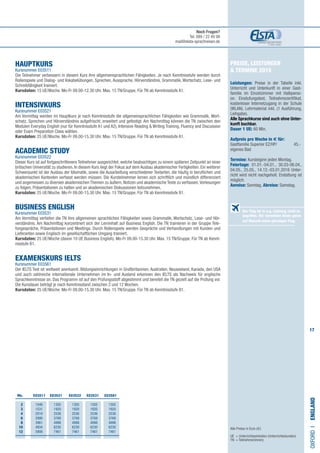 17
Preise, Leistungen
 Termine 2015
Leistungen: Preise in der Tabelle inkl.
Unterricht und Unterkunft in einer Gast-
familie im Einzelzimmer mit Halbpensi-
on. Einstufungstest, Teilnahmezertifikat,
kostenloser Internetzugang in der Schule
(WLAN). Lehrmaterial inkl. (1 Ausführung,
Leihgabe).
Alle Sprachkurse sind auch ohne Unter-
kunft buchbar.
Dauer 1 UE: 60 Min.
Aufpreis pro Woche in € für:
Gastfamilie Superior EZ/HP/ 	 45,-
eigenes Bad
Termine: Kursbeginn jeden Montag.
Feiertage: 01.01.-04.01., 30.03-06.04.,
04.05., 25.05., 14.12.-03.01.2016 Unter-
richt wird nicht nachgeholt. Erstattung ist
möglich.
Anreise: Sonntag. Abreise: Samstag.
HAUPTKURS
Kursnummer E03511
Die Teilnehmer verbessern in diesem Kurs ihre allgemeinsprachlichen Fähigkeiten. Je nach Kenntnisstufe werden durch
Rollenspiele und Dialog- und Vokabelübungen, Sprechen, Aussprache, Hörverständnis, Grammatik, Wortschatz, Lese- und
Schreibfähigkeit trainiert.
Kursdaten: 15 UE/Woche. Mo-Fr 09.00-12.30 Uhr. Max. 15 TN/Gruppe. Für TN ab Kenntnisstufe A1.
INTENSIVKURS	
Kursnummer E03521
Am Vormittag werden im Hauptkurs je nach Kenntnisstufe die allgemeinsprachlichen Fähigkeiten wie Grammatik, Wort-
schatz, Sprechen und Hörverständnis aufgefrischt, erweitert und gefestigt. Am Nachmittag können die TN zwischen den
Modulen Everyday English (nur für Kenntnisstufe A1 und A2), Intensive Reading  Writing Training, Fluency and Discussion
oder Exam Preparation Class wählen.
Kursdaten: 25 UE/Woche. Mo-Fr 09.00-15.30 Uhr. Max. 15 TN/Gruppe. Für TN ab Kenntnisstufe A1.
ACADEMIC STUDY
Kursnummer E03522
Dieser Kurs ist auf fortgeschrittenere Teilnehmer ausgerichtet, welche beabsichtigen zu einem späteren Zeitpunkt an einer
britischen Universität zu studieren. In diesem Kurs liegt der Fokus auf dem Ausbau akademischer Fertigkeiten. Ein weiterer
Schwerpunkt ist der Ausbau der Idiomatik, sowie die Ausarbeitung verschiedener Textarten, die häufig in beruflichen und
akademischen Kontexten verfasst werden müssen. Die Kursteilnehmer lernen sich schriftlich und mündlich differenziert
und angemessen zu diversen akademischen Themen zu äußern, Notizen und akademische Texte zu verfassen,Vorlesungen
zu folgen, Präsentationen zu halten und an akademischen Diskussionen teilzunehmen.
Kursdaten: 25 UE/Woche. Mo-Fr 09.00-15.30 Uhr. Max. 15 TN/Gruppe. Für TN ab Kenntnisstufe B1.
BUSINESS ENGLISH​	
Kursnummer E03531
Am Vormittag vertiefen die TN ihre allgemeinen sprachlichen Fähigkeiten sowie Grammatik, Wortschatz, Lese- und Hör-
verständnis. Am Nachmittag konzentriert sich der Lerninhalt auf Business English. Die TN trainieren in der Gruppe Tele-
fongespräche, Präsentationen und Meetings. Durch Rollenspiele werden Gespräche und Verhandlungen mit Kunden und
Lieferanten sowie Englisch im gesellschaftlichen Umgang trainiert.
Kursdaten: 25 UE/Woche (davon 10 UE Business English). Mo-Fr 09.00-15.30 Uhr. Max. 15 TN/Gruppe. Für TN ab Kennt-
nisstufe B1.
EXAMENSKURS IELTS 	
Kursnummer E03561
Der IELTS Test ist weltweit anerkannt. Bildungseinrichtungen in Großbritannien, Australien, Neuseeland, Kanada, den USA
und auch zahlreiche internationale Unternehmen im In- und Ausland erkennen den IELTS als Nachweis für englische
Sprachkenntnisse an. Das Programm ist auf den Prüfungsstoff abgestimmt und bereitet die TN gezielt auf die Prüfung vor.
Die Kursdauer beträgt je nach Kenntnisstand zwischen 2 und 12 Wochen.
Kursdaten: 25 UE/Woche. Mo-Fr 09.00-15.30 Uhr. Max. 15 TN/Gruppe. Für TN ab Kenntnisstufe B1.
OXFORDI•England
Alle Preise in Euro (€)
UE = Unterrichtseinheiten (Unterrichtsstunden)
TN	 = Teilnehmer(innen)
	 Wo. 	 E03511 E03521 E03522 E03531 E03561
	2	 1046	1305	1305	1305	1305
	3 	 1531	1920	1920	1920	1920
	4 	 2018	2536	2536	2536	2536
	6 	 2990	3768	3768	3768	3768	
	8 	 3961	4998	4998	4998	4998
	10 	 4934	6230	6230	6230	6230	
	12 	 5906	7461	7461	7461	7461
Der Flug ist in o.g. Leistung nicht in-
begriffen. Wir vermitteln Ihnen gerne
auf Wunsch einen günstigen Flug.
Noch Fragen?
Tel. 089 / 22 49 99
mail@elsta-sprachreisen.de
 