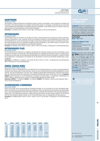 19
Preise, Leistungen
 Termine 2015
Leistungen: Preise in der Tabelle inkl. Un-
terricht wie gebucht, Privatunterkunft im
EZ mit Küchen-/Badbenutzung und Selbst-
versorgung, Einstufungstest, Lehrmaterial
(1 Ausführung, Leihgabe), Teilnahmezerti-
fikat, kostenloser W-LAN Internetzugang.
Alle Sprachkurse sind auch ohne Unter-
kunft buchbar.
Dauer 1 UE: 60 Min.
Aufpreis pro Woche in € für:
Privatunterkunft EZ 	
Selbstversorgung mit eigenem Bad ​	 13,-
Gastfamilie EZ/HP	​32,-
Superior Gastfamilie EZ/ HP/Bad​	 71,-
Premium Gastfamilie EZ/HP/Bad​	 130,-
	
Termine: Kursbeginn jeden Montag, au-
ßer E03061: Examenskurs Cambridge.
PET: 19.01. (8 Wochen), 13.04. (8,5 Wo-
chen), 12.10. (8 Wochen) FCE: 19.01. (8
Wochen) 13.04. (8,5 Wochen) 01.06. (8,5
Wochen) 29.06. (8 Wochen) 19.10. (8 Wo-
chen) CAE: 19.01. (8 Wochen), 13.04. (8,5
Wochen), 29.06. (8 Wochen) 19.10. (8 Wo-
chen) CPE: 20.04. (8 Wochen).
Feiertage: 01.01-05.01.15.u.18.12.2015-
04.01.2016 Schule geschlossen.
Anreise/Abreise:
Samstag/Samstag oder Sonntag/Sonntag.
HAUPTKURS
Kursnummer E03011
Der Hauptkurs umfasst alle Bereiche der englischen Sprache: Sprechen, Hörverstehen, Lesen, Aussprache, Schreiben und
Grammatik. Unter Berücksichtigung der jeweiligen Kenntnisstufe werden zur Festigung und Erweiterung der Grammatik
und des Wortschatzes Rollenspiele und praktische Übungen durchgeführt. In allen Stufen werden ein Lehrbuch sowie eine
große Auswahl von Zusatzmaterialien und Lehrmitteln eingesetzt.
Kursdaten: 17 UE/Woche. Mo-Fr 09.00-12.45 Uhr. Max. 8 TN/Gruppe. Für TN ab Kenntnisstufe A1.
INTENSIVKURS
Kursnummer E03021
Am Vormittag nehmen die Teilnehmer am Hauptkurs teil. Dieser umfasst alle Bereiche der englischen Sprache:Aussprache,
Sprechen, Hörverstehen, Lesen, Schreiben und Stil. Das Programm beinhaltet, je nach Kenntnisstand, das Erlernen neuer
Grammatikstrukturen und deren Anwendung. Ein täglich wechselndes aktuelles Thema dient als Grundlage für Konversa-
tion. Neuer Wortschatz wird in verschiedenen Situationen geübt und gefestigt. In allen Stufen werden ein Lehrbuch sowie
eine große Auswahl von Zusatzmaterialien und Lehrmitteln eingesetzt.
Kursdaten: 23 UE/Woche.Mo-Fr 09.00-12.45 Uhr + Mo-Do 14.00-15.30 Uhr.Max.10TN/Gruppe.FürTN ab KenntnisstufeA2.
INTENSIVKURS PLUS​
Kursnummer E03022
Am Vormittag lernen die Teilnehmer im Hauptkurs alle Bereiche der englischen Sprache: Sprechen, Hörverstehen, Lesen,
Aussprache, Schreiben und Grammatik. Unter Berücksichtigung der jeweiligen Kenntnisstufe, werden zur Festigung und
Erweiterung der Grammatik und des Wortschatzes Rollenspiele und praktische Übungen durchgeführt. Zusätzlich erhalten
die Kursteilnehmer 4 Einzelstunden, die komplett auf die persönlichen Lernziele und beruflichen Anforderungen ausge-
richtet sind.
Kursdaten: 21 UE/Woche=17 Gruppen- und 4 Einzel-UE. Mo-Fr 09.00-12.45 Uhr + Einzelunterricht nach Vereinbarung.
Max. 8 TN/Gruppe. Für TN ab Kenntnisstufe A2.
EINZEL-CRASH-KURS 	
Kursnummer E03041, E03042, E03043
Dieser Kurs ist ideal für TN geeignet, die auf die effektivste Art ihre Englischkenntnisse im privaten und gesellschaftlichen,
beruflichen oder akademischen Umfeld verbessern wollen und somit fachspezifische Kommunikationsfähigkeiten erlernen
möchten. Das Unterrichtsprogramm wird nach einer sorgfältig ausgearbeiteten Bedarfsanalyse individuell zusammenge-
stellt, die Teilnehmer können hier persönliche und berufliche Schwerpunkte setzen. Dieser Kurs ist auch als Business
English buchbar. Dabei lernen die TN angemessen auf Englisch zu kommunizieren, zu telefonieren, Präsentationen zu
halten, E-Mails zu schreiben und wie man sich in multinationalen Meetings am besten verhält.
Kursdaten: E03041: 17 UE/Woche. E03042: 23 UE/Woche. E03043: 30 UE/Woche. Unterricht nach Absprache: Max. 1
TN. Für TN ab Kenntnisstufe A1.
EXAMENSKURS CAMBRIDGE 	
Kursnummer E03061
Dieser Kurs bereitet auf die unterschiedlichen Cambridge-Prüfungen vor. Der Kursinhalt ist auf den Prüfungsstoff abge-
stimmt. Die Bereiche sind: Grammatik, Wortschatz, Aussprache, Hören und Sprechen sowie Textarbeit. Der Examenskurs
kann in den Schwierigkeitsstufen Preliminary English Test (PET), Cambridge First Certificate (FCE), Cambridge Advanced in
English (CAE), oder Certificate of Proficiency in English (CPE) gebucht werden. Die Kurse dauern 8 Wochen. Für die Prüfung
wird noch eine zusätzliche Gebühr erhoben, die vor Ort bezahlt werden muss. Ein Zulassungstest ist Voraussetzung.
Kursdaten: 23 UE/Woche, Mo-Fr 09.00-12.45 Uhr + Mo-Do 14.00-15.30 Uhr. Max. 10 TN/Gruppe. Für TN ab Kenntnisstufe
ab B1.
Alle Preise in Euro (€)
UE = Unterrichtseinheiten (Unterrichtsstunden)
TN	 = Teilnehmer(innen)
BROADSTAIRSI•England
	Wo. E03011 E03021 E03022 E03041 E03042 E03043 E03061
	1 	 465	517	647	990	1262	1502
	2 	 854	 958	1217	1904	2448	2928
	3 	 1243	1398	1787	2817	3634	4353
	4 	 1631	1839	2357	3731	4820	5779
	6 	 2409	2720	3497
	8 	 3187	3602	4639				3602
	 10 	 3965	 4483		
	12 	 4587	 5131
Der Flug ist in o.g. Leistung nicht in-
begriffen. Wir vermitteln Ihnen gerne
auf Wunsch einen günstigen Flug.
Noch Fragen?
Tel. 089 / 22 49 99
mail@elsta-sprachreisen.de
 
