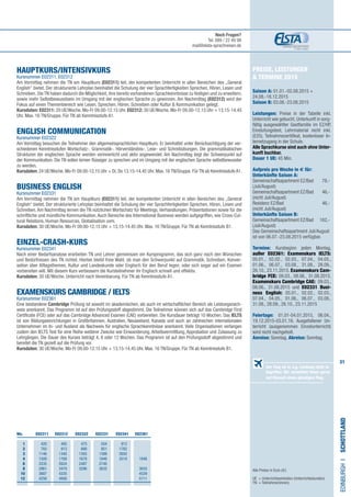 31
Preise, Leistungen
 Termine 2015
Saison A: 01.01.-02.08.2015 +
24.08.-18.12.2015
Saison B: 03.08.-23.08.2015
Leistungen: Preise in der Tabelle inkl.
Unterricht wie gebucht, Unterkunft in sorg-
fältig ausgewählter Gastfamilie im EZ/HP,
Einstufungstest, Lehrmaterial nicht inkl.
(£25), Teilnahmezertifikat, kostenloser In-
ternetzugang in der Schule.
Alle Sprachkurse sind auch ohne Unter-
kunft buchbar.
Dauer 1 UE: 45 Min.
Aufpreis pro Woche in € für:
Unterkünfte Saison A:
Gemeinschaftsapartment EZ/Bad 	​78,-
(Juli/August)
Gemeinschaftsapartment EZ/Bad	 46,-
(nicht Juli/August)​
Residenz EZ/Bad 	 46,-
(nicht Juli/August)
Unterkünfte Saison B:
Gemeinschaftsapartment EZ/Bad	 162,-
(Juli/August)​
Das Gemeinschaftsapartment Juli/August
ist von 06.07.-23.08.2015 verfügbar.
Termine: Kursbeginn jeden Montag,
außer E02361: Examenskurs IELTS:
05.01., 02.02., 02.03., 07.04., 04.05.,
01.06., 06.07., 03.08., 31.08., 28.09.,
26.10., 23.11.2015. Examenskurs Cam-
bridge FCE: 09.03., 08.06., 31.08.2015.
Examenskurs Cambridge CAE: 09.03.,
08.06., 31.08.2015 und E02331 Busi-
ness English: 05.01., 02.02., 02.03.,
07.04., 04.05., 01.06., 06.07., 03.08.,
31.08., 28.09., 26.10., 23.11.2015
Feiertage: 01.01-04.01.2015, 06.04.,
19.12.2015-03.01.16. Ausgefallener Un-
terricht (ausgenommen Einzelunterricht)
wird nicht nachgeholt.
Anreise: Sonntag. Abreise: Sonntag.
HAUPTKURS/INTENSIVKURS
Kursnummer E02311, E02312
Am Vormittag nehmen die TN am Hauptkurs (E02311) teil, der kompetenten Unterricht in allen Bereichen des „General
English“ bietet. Der strukturierte Lehrplan beinhaltet die Schulung der vier Sprachfertigkeiten Sprechen, Hören, Lesen und
Schreiben. Die TN haben dadurch die Möglichkeit, ihre bereits vorhandenen Sprachkenntnisse zu festigen und zu erweitern,
sowie mehr Selbstbewusstsein im Umgang mit der englischen Sprache zu gewinnen. Am Nachmittag (E02312) wird der
Fokus auf einen Themenbereich wie Lesen, Sprechen, Hören, Schreiben oder Kultur  Kommunikation gelegt.
Kursdaten: E02311: 20 UE/Woche. Mo-Fr 09.00-12.15 Uhr. E02312: 30 UE/Woche. Mo-Fr 09.00-12.15 Uhr + 13.15-14.45
Uhr. Max. 16 TN/Gruppe. Für TN ab Kenntnisstufe A1.
ENGLISH COMMUNICATION​ 	
Kursnummer E02322
Am Vormittag besuchen die Teilnehmer den allgemeinsprachlichen Hauptkurs. Er beinhaltet unter Berücksichtigung der ver-
schiedenen Kenntnisstufen Wortschatz-, Grammatik-, Hörverständnis-, Lese- und Schreibübungen. Die grammatikalischen
Strukturen der englischen Sprache werden verinnerlicht und aktiv angewendet. Am Nachmittag liegt der Schwerpunkt auf
der Kommunikation. Die TN sollen lernen flüssiger zu sprechen und im Umgang mit der englischen Sprache selbstbewusster
zu werden.
Kursdaten: 24 UE/Woche. Mo-Fr 09.00-12.15 Uhr + Di, Do 13.15-14.45 Uhr. Max. 16 TN/Gruppe. Für TN ab Kenntnisstufe A1.
BUSINESS ENGLISH
Kursnummer E02331
Am Vormittag nehmen die TN am Hauptkurs (E02311) teil, der kompetenten Unterricht in allen Bereichen des „General
English“ bietet. Der strukturierte Lehrplan beinhaltet die Schulung der vier Sprachfertigkeiten Sprechen, Hören, Lesen und
Schreiben. Am Nachmittag lernen die TN nützlichen Wortschatz für Meetings, Verhandlungen, Präsentationen sowie für die
schriftliche und mündliche Kommunikation.Auch Bereiche des International Business werden aufgegriffen, wie Cross-Cul-
tural Relations, Human Resources, Globalisation uvm.
Kursdaten: 30 UE/Woche. Mo-Fr 09.00-12.15 Uhr + 13.15-14.45 Uhr. Max. 16 TN/Gruppe. Für TN ab Kenntnisstufe B1.
EINZEL-CRASH-KURS		
Kursnummer E02341
Nach einer Bedarfsanalyse erarbeiten TN und Lehrer gemeinsam ein Kursprogramm, das sich ganz nach den Wünschen
und Bedürfnissen des TN richtet. Hierbei bleibt freie Wahl, ob man den Schwerpunkt auf Grammatik, Schreiben, Konver-
sation über Alltagsthemen, Kultur und Landeskunde oder Englisch für den Beruf legen, oder sich sogar auf ein Examen
vorbereiten will. Mit diesem Kurs verbessern die Kursteilnehmer ihr Englisch schnell und effektiv.
Kursdaten: 30 UE/Woche. Unterricht nach Vereinbarung. Für TN ab Kenntnisstufe A1.
EXAMENSKURS CAMBRIDGE / IELTS 	
Kursnummer E02361
Eine bestandene Cambridge Prüfung ist sowohl im akademischen, als auch im wirtschaftlichen Bereich als Leistungsnach-
weis anerkannt. Das Programm ist auf den Prüfungsstoff abgestimmt. Die Teilnehmer können sich auf das Cambridge First
Certificate (FCE) oder auf das Cambridge Advanced Examen (CAE) vorbereiten. Die Kursdauer beträgt 10 Wochen. Das IELTS
ist von Bildungseinrichtungen in Großbritannien, Australien, Neuseeland, Kanada und auch an zahlreichen internationalen
Unternehmen im In- und Ausland als Nachweis für englische Sprachkenntnisse anerkannt. Viele Organisationen verlangen
zudem den IELTS Test für eine Reihe weiterer Zwecke wie Einwanderung, Arbeitsvermittlung, Approbation und Zulassung zu
Lehrgängen. Die Dauer des Kurses beträgt 4, 8 oder 12 Wochen. Das Programm ist auf den Prüfungsstoff abgestimmt und
bereitet die TN gezielt auf die Prüfung vor.
Kursdaten: 30 UE/Woche. Mo-Fr 09.00-12.15 Uhr + 13.15-14.45 Uhr. Max. 16 TN/Gruppe. Für TN ab Kenntnisstufe B1.
EDINBURGHI•schottland
Alle Preise in Euro (€)
UE = Unterrichtseinheiten (Unterrichtsstunden)
TN	 = Teilnehmer(innen)
	Wo. E02311 E02312 E02322 E02331 E02341 E02361
	1 	 420	485	475	504	913
	2 	 783	913	890	951	1782
	3 	 1146	1340	1305	1399	2650
	4 	 1509	1768	1678	1846	3519	1846	
	6 	 2235	2624	2487	2740	
	8 	 2961	3479	3296	3635	 	3635
	10 	3687	4335				4529
	 12 	4256	4956				5111
Der Flug ist in o.g. Leistung nicht in-
begriffen. Wir vermitteln Ihnen gerne
auf Wunsch einen günstigen Flug.
Noch Fragen?
Tel. 089 / 22 49 99
mail@elsta-sprachreisen.de
 