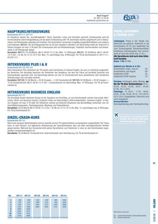 33
Preise, Leistungen
 Termine 2015
Leistungen: Preise in der Tabelle inkl.
Unterricht wie gebucht, Unterkunft in der
Schulresidenz im DZ (nur September bis
Juni), Einstufungstest, Teilnahmezertifikat,
kostenloser Internetzugang. Das Lehrma-
terial ist nicht inkl. (Preis max. € 35,-).
Alle Sprachkurse sind auch ohne Unter-
kunft buchbar.
Dauer 1 UE: 60 Min.
Aufpreis pro Woche in € für:
Schulresidenz (Sept.-Juni) EZ ​	 40.-
Schulresidenz Juli-August​	 69,-
Gastfamilie EZ/HP​​	 25,-
Gastfamilie EZ/HP Superior​	 75,-​
Termine: Kursbeginn jeden Montag, au-
ßer für TN ohne Vorkenntnisse: 05.01.,
02.03., 05.05., 02.06., 06.07., 04.08.,
07.09., 02.11.2015
Feiertage: 01.-04.01., 17.03., 06.04.,
04.05., 01.06., 03.08., 26.10., 19.12.2015-
03.01.2016. Ausgefallener Unterricht wird
nicht nachgeholt.
Anreise/Abreise:
Samstag/Samstag oder Sonntag/Sonntag.
HAUPTKURS/INTENSIVKURS	
Kursnummer E01111, E01121
Im Hauptkurs werden die „Grundfertigkeiten“ Hören, Sprechen, Lesen und Schreiben geschult. Schwerpunkte sind die
kommunikative Unterrichtsgestaltung und die aktive Einbeziehung aller TN. Kenntnisse werden aufgefrischt und in Diskus-
sionen und Rollenspielen gefestigt und erweitert. Die Sprachlehrer verwenden sorgfältig ausgewählte Medien und moderne
Lehrmethoden. E01121: Der Vormittagsunterricht ist mit dem Hauptkurs identisch. Am Nachmittag findet der Unterricht in
kleinen Gruppen mit max. 8 TN statt. Der Schwerpunkt wird auf Redewendungen, Textarbeit, Kommunikation und Konver-
sation in der Kleingruppe gelegt.
Kursdaten: E01111: 20 UE/Woche. Mo-Fr 09.00-13.15 Uhr. Max. 14 TN/Gruppe. E01121: 26 UE/Woche. Mo-Fr 09.00-
13.15 Uhr + Di, Mi, Do 14.15-16.15 Uhr. Max. 14, nachmittags max. 8TN/Gruppe. Für TN ab Kenntnisstufe A1 (E01111) +
A2 (E01121).
INTENSIVKURS PLUS I  II 	
Kursnummer E01122, E01123
Beim Intensivkurs Plus verbessert der TN sowohl seine Kenntnisse im General English, als auch in individuell ausgewähl-
ten Bereichen. Am Vormittag besuchen die Teilnehmer den Hauptkurs, bei dem der Fokus auf korrektes Sprechen und
Kommunikation gerichtet wird. Am Nachmittag können sie sich im Einzelunterricht ihren persönlichen oder beruflichen
Anforderungen und Lernzielen widmen.
Kursdaten: E01122: 25 UE/Woche = 20 UE Gruppen- + 5 UE Einzelunterricht. E01123: 30 UE/Woche = 20 UE Gruppen- +
10 UE Einzelunterricht. Mo-Fr 09.00-13.15 Uhr + Einzelunterricht am Nachmittag. Max. 14 TN/Gruppe. Für TN ab Kennt-
nisstufe A2.
INTENSIVKURS BUSINESS ENGLISH 	
Kursnummer E01131
Die Grundlage dieses intensiven Kurses ist der Hauptkurs am Vormittag. Je nach Kenntnisstufe werden Grammatik, Wort-
schatz, Hören und Sprechen trainiert. Zusätzlich finden am Nachmittag 6 Unterrichtseinheiten „Business English“ in klei-
nen Gruppen mit max. 6 TN statt. Die Teilnehmer werden auf konkrete Situationen des Berufsalltags vorbereitet, wie z.B.
Geschäftskorrespondenz, Telefongespräche, Meetings und Präsentationen.
Kursdaten: 26 UE/Woche Mo-Fr 09.00-13.15 Uhr + Di, Mi, Do 14.15-16.15 Uhr. Max. 14, nachmittags max. 6 TN/Gruppe.
Für TN ab Kenntnisstufe B1.
EINZEL-CRASH-KURS 	
Kursnummer E01141
Nach einer genauen Bedarfsanalyse wird ein speziell auf den TN zugeschnittenes Lernprogramm ausgearbeitet. Der Fokus
kann, je nach Wunsch, auf allgemeine Verbesserung der Sprachkenntnisse oder auf einen berufsspezifischen Kontext
gelegt werden. Während des Einzelunterrichts gehen Sprachlehrer und Teilnehmer in einer an den Kenntnisstand ange-
passten Lerngeschwindigkeit vor.
Kursdaten: 30 UE/Woche. Einzelunterricht. Unterrichtszeiten nach Vereinbarung. Für TN ab Kenntnisstufe A1.
DUBLINI•Irland
Alle Preise in Euro (€)
UE = Unterrichtseinheiten (Unterrichtsstunden)
TN	 = Teilnehmer(innen)
	 Wo. 	 E01111 E01121 E01122 E01123 E01131 E01141
	1 	 396	469	654	905	485	1634
	2 	 782	 929 	 1299	 1810	 950	 3259
	3 	 1169	1374	1944	2715	1430	4884
	4 	 1555	1809	2589	3620	1910	6509	
	6 	 2290	 2656
	8 	 3024	 3519
	 10 	 3759	 4379
	12 	 4146	 4969
Der Flug ist in o.g. Leistung nicht in-
begriffen. Wir vermitteln Ihnen gerne
auf Wunsch einen günstigen Flug.
Noch Fragen?
Tel. 089 / 22 49 99
mail@elsta-sprachreisen.de
 