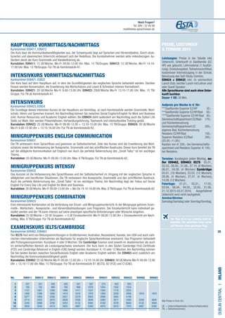 35
Preise, Leistungen
 Termine 2015
Leistungen: Preise in der Tabelle inkl.
Unterricht, Unterkunft in Gastfamilie (EZ,
HP) wie gebucht, Lehrmaterial (1 Ausfüh-
rung), Einstufungstest, Teilnahmezertifikat,
kostenloser Internetzugang in der Schule,
Benutzung des Self-Study-Centres.
E09424 + E09432: inkl. 2x wöchentlich
Lunch Club, leichter Lunch mit Lehrer und/
oder Guest Speaker.
Alle Sprachkurse sind auch ohne Unter-
kunft buchbar.
Dauer 1 UE: 50 Min.
Aufpreis pro Woche in € für:
***Gastfamilie Superior EZ/HP 	 35,-
***Gastfamilie Superior EZ/HP/Bad 	 65,-
****Gastfamilie Superior EZ/HP/Bad 	 85,-
Gemeinschaftsapartment EZ/Bad- 	 170,-
und Küchenbenutzung
Gemeinschaftsapartment EZ 	 200,-
eigenes Bad, Küchenbenutzung
Residenz EZ/HP/Bad	 105,-
Superior Residenz EZ/Bad 	 295,-
(25.05.-11.09.)
Kaution von € 200,- bei Gemeinschafts-
apartment und Residenz Superior, € 100,-
bei Residenz.
Termine: Kursbeginn jeden Montag, au-
ßer E09462, E09463: IELTS 05.01.,
02.03., 05.05., 31.08., 27.10. (8 Wochen),
06.07., 04.08. (4 Wochen) Cambridge:
05.01. (10 Wochen), 23.03. (12 Wochen),
29.06. (4 Wochen), 27.07. (4 Wochen),
14.09. (12 Wochen).
Feiertage: 01.01., 02.01., 17.03.,
03.04., 06.04., 04.05., 25.05., 31.08.,
21.12.2015-03.01.2016. Ausgefallener
Unterricht wird nicht nachgeholt.
Anreise/Abreise:
Samstag/Samstag oder Sonntag/Sonntag.
HAUPTKURS vormittags/nachmittags	​	
Kursnummer E09411, E09412
Der Kurs baut die Kommunikationsfähigkeiten aus, der Schwerpunkt liegt auf Sprechen und Hörverständnis. Durch struk-
turierten und ideenreichen Unterricht verbessert sich der Redefluss. Die Kursteilnehmer werden aktiv miteinbezogen. Au-
ßerdem deckt der Kurs Grammatik und Vokabeltraining ab.
Kursdaten: E09411: 15 UE/Woche. Mo-Fr 09.00-12.00 Uhr. Max. 15 TN/Gruppe. E09412: 15 UE/Woche. Mo-Fr 14.10-
17.00 Uhr. Max. 15 TN/Gruppe. Für TN ab Kenntnisstufe A1.
INTENSIVKURS vormittags/nachmittags	
Kursnummer E09421, E0922
Der Kurs baut auf dem Hauptkurs auf, in dem die Grundfähigkeiten der englischen Sprache behandelt werden. Darüber
hinaus werden Konversation, die Erweiterung des Wortschatzes und Lesen  Schreiben intensiv thematisiert.
Kursdaten: E09421: 20 UE/Woche Mo-Fr 9.00-13.00 Uhr. E09422: 20UE/Woche Mo-Fr 13.10-17.00 Uhr. Max. 15 TN/
Gruppe. Für TN ab Kenntnisstufe A1.
INTENSIVKURS 	
Kursnummer E09423, E0924
Die Grundlage dieses intensiven Kurses ist der Hauptkurs am Vormittag. Je nach Kenntnisstufe werden Grammatik, Wort-
schatz, Hören und Sprechen trainiert. Am Nachmittag können Sie zwischen Social Englisch/English for Work and Business
(inkl. Human Resources) und Academic English wählen. Bei E09424 steht außerdem am Nachmittag auch die Option Life
Skills zur Wahl. Hier werden Präsentationen, Verhandlungsführung, Teamwork und interkulturelles Training geübt.
Kursdaten: E09423: 25 UE/Woche. Mo-Fr 09.00-12.00 + 13.10-15.00 Uhr. Max. 15 TN/Gruppe. E09424: 30 UE/Woche
Mo-Fr 9.00-12.00 Uhr + 13.10-16.00 Uhr. Für TN ab Kenntnisstufe A2.
MINIGRUPPENKURS ENGLISH COMMUNICATION	
Kursnummer E09431
Die TN verbessern ihren Sprachfluss und gewinnen an Selbstsicherheit. Ziele des Kurses sind die Erweiterung des Wort-
schatzes sowie die Verbesserung der Aussprache, Grammatik und des schriftlichen Ausdrucks. Dieser Kurs bereitet die TN
auf die alltägliche Kommunikation auf Englisch vor. Auch die perfekte Beherrschung des „Small Talks“ ist ein wichtiges
Thema.
Kursdaten: 20 UE/Woche. Mo-Fr 09.00-13.00 Uhr. Max. 8 TN/Gruppe. Für TN ab Kenntnisstufe A2.
MINIGRUPPENKURS INTENSIV	
Kursnummer E09432
Das Kursziel ist die Verbesserung des Sprachflusses und der Selbstsicherheit im Umgang mit der englischen Sprache in
alltäglichen und beruflichen Situationen. Die TN verbessern ihre Aussprache, Grammatik und den schriftlichen Ausdruck.
Auch die perfekte Beherrschung des „Small Talks“ ist ein wichtiges Thema. Am Nachmittag liegt der Fokus auf Social
English For Every Day Life und English for Work and Business.
Kursdaten: 28 UE/Woche. Mo-Fr 09.00-13.00 Uhr + Mo-Do 14.10-16.00 Uhr. Max. 8 TN/Gruppe. Für TN ab Kenntnisstufe A2.
MINIGRUPPENKURS COMBINATION​	
Kursnummer E09433
Eine interessante Kombination ist die Verbindung von Einzel- und Minigruppenunterricht. In der Minigruppe gehören Gram-
matik-, Wortschatz-, Aussprache-, und Hörverständnisübungen zum Programm. Der Einzelunterricht kann individuell ge-
staltet werden und der TN kann intensiv auf seine jeweiligen spezifische Anforderungen oder Wünsche eingehen.
Kursdaten: 25 UE/Woche = 20 UE Gruppen- + 5 UE Einzelunterricht. Mo-Fr 09.00-13.00 Uhr + Einzelunterricht am Nach-
mittag. Max. 8 TN/Gruppe. Für TN ab Kenntnisstufe A2.
EXAMENSKURS IELTS/CAMBRIDGE 	
Kursnummer E09462, E09463
Der IELTS Test wird von Bildungseinrichtungen in Großbritannien,Australien, Neuseeland, Kanada, den USA und auch zahl-
reichen internationalen Unternehmen als Nachweis für englische Sprachkenntnisse anerkannt. Das Programm behandelt
alle Prüfungskomponenten. Kursdauer 4 oder 8 Wochen. Die Cambridge Examen sind sowohl im akademischen als auch
im wirtschaftlichen Bereich als Leistungsnachweis anerkannt. Der Kurs kann in den Stufen Cambridge First Certificate
(FCE) und Cambridge Advanced in English (CAE) belegt werden. Kursdauer 4, 10 oder 12 Wochen. Am Nachmittag können
Sie bei beiden Kursen zwischen Social/Business English oder Academic English wählen. Bei E09463 wird zusätzlich am
Nachmittag die Kommunikationsfähigkeit geübt.
Kursdaten: E09462: 25 UE/Woche Mo-Fr 09.00-12.00 Uhr + 13.10-16.00 Uhr. E09463: 30 UE/Woche Mo-Fr 09.00-12.00
Uhr + 13.10-17.00 Uhr. Max. 15 TN/Gruppe. Für TN ab Kenntnisstufe B1 (IELTS), B2 (FCE) und C1(CAE).
DublinCentralI•Irland
Alle Preise in Euro (€)
UE = Unterrichtseinheiten (Unterrichtsstunden)
TN	 = Teilnehmer(innen)
Der Flug ist in o.g. Leistung nicht in-
begriffen. Wir vermitteln Ihnen gerne
auf Wunsch einen günstigen Flug.
Noch Fragen?
Tel. 089 / 22 49 99
mail@elsta-sprachreisen.de
	Wo. E09411 E09412 E09413 E09414 E09423 E09424 E09431 E09432 E09433 E09462 E09463
	1 	437	391	495	426	541	587	575	653	825		
	2 	790	702	900	768	988	1076	1054	1202	1554	
	3 	1127	1001	1285	1096	1411	1537	1505	1718	2255	
	4 	1450	1290	1650	1410	1810	1970	1930	2200	2930	1810	1970	
	6 	2077	1854	2356	2021	2579	2802	2698	3063	4198
	8 	2710	2422	3070	2638	3358	3646	3380	3817	5380	3358	3646
	10 	3340	2988	3780	3252	4132	4484	4180	4720	6680	4132	4484	
	12 	3958	3545	4474	3855	4887	5300	4970	5610	7970	4887	5300
 