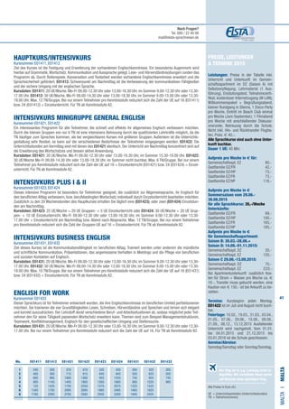 41
Preise, Leistungen
 Termine 2015
Leistungen: Preise in der Tabelle inkl.
Unterricht und Unterkunft im Gemein-
schaftsapartment im DZ (Saison A) mit
Selbstverpflegung, Lehrmaterial (1 Aus-
führung), Einstufungstest, Teilnahmezerti-
fikat, kostenloser Internetzugang (W-LAN),
Willkommenspaket + Begrüßungsabend,
kleiner Rundgang in Sliema, 1 Disco-Party
pro Woche, Eintritt im Beach Club einmal
pro Woche (Juni-September), 1 Filmabend
pro Woche mit anschließender Diskussi-
onsrunde, Betreuung durch die Schule.
Nicht inkl. Hin- und Rücktransfer Flugha-
fen. Preis: € 40,-.
Alle Sprachkurse sind auch ohne Unter-
kunft buchbar.
Dauer 1 UE: 45 Min.
Aufpreis pro Woche in € für:
Gemeinschaftsapt. EZ 	 80,-
Gastfamilie DZ/FR	 42,-	
Gastfamilie DZ/HP 	 73,-
Gastfamilie EZ/FR 	 73,- 	
Gastfamilie EZ/HP 	 118,-
Aufpreis pro Woche in €
Sommersaison vom 29.06.-
30.08.2015
für alle Sprachkurse: 35,-/Woche
Unterkünfte:
Gastfamilie DZ/FR 	 69,-	
Gastfamilie DZ/HP 	 100,-
Gastfamilie EZ/FR 	 165,-	
Gastfamilie EZ/HP	 185,-
Aufpreis pro Woche in €
für Gemeinschaftsapartment:
Saison B: 30.03.-28.06.+
Saison D: 14.09.-01.11.2015:
Gemeinschaftsapt. DZ 	 20,-
Gemeinschaftsapt. EZ 	 120,-
Saison C 29.06.-13.09.2015:
Gemeinschaftsapt. DZ 	 70,-	
Gemeinschaftsapt. EZ 	 220,-
Bei Apartmentunterkunft: zusätzlich Kos-
ten für Strom + Wasser pro Woche ca. €
10.-, Transfer muss gebucht werden, eine
Kaution von € 150,- ist bei Ankunft zu be-
zahlen.
	
Termine: Kursbeginn jeden Montag.
E01422 ist im Juli und August nicht buch-
bar.
Feiertage: 10.02., 19.03., 31.03., 03.04.,
01.05., 07.06., 29.06., 15.08., 08.09.,
21.09., 08.12., 13.12.2015 Ausfallender
Unterricht wird nachgeholt. Vom 01.01.
bis 04.01.2015 und 21.12.2015 bis
03.01.2016 ist die Schule geschlossen.
Anreise/Abreise:
Samstag/Samstag oder Sonntag/Sonntag.
HAUPTKURS/INTENSIVKURS	
Kursnummer E01411, E01412
Ziel des Kurses ist die Festigung und Erweiterung der vorhandenen Englischkenntnisse. Ein besonderes Augenmerk wird
hierbei auf Grammatik,Wortschatz, Kommunikation und Aussprache gelegt. Lese- und Hörverständnisübungen runden das
Programm ab. Durch Rollenspiele, Konversation und Textarbeit werden vorhandene Englischkenntnisse erweitert und die
Sprachsicherheit gefördert. E01412: Schwerpunkt am Nachmittag ist die Verbesserung der kommunikativen Fähigkeiten
und der sichere Umgang mit der englischen Sprache.
Kursdaten: E01411: 20 UE/Woche. Mo-Fr 09.00-12.30 Uhr oder 13.00-16.30 Uhr, im Sommer 9.00-12.30 Uhr oder 13.30-
17.00 Uhr. E01412: 30 UE/Woche. Mo-Fr 09.00-14.30 Uhr oder 13.00-18.30 Uhr, im Sommer 9.00-15.00 Uhr oder 13.30-
19.00 Uhr. Max. 12 TN/Gruppe. Bei nur einem Teilnehmer pro Kenntnisstufe reduziert sich die Zahl der UE auf 16 (E01411)
bzw. 24 (E01412) = Einzelunterricht. Für TN ab Kenntnisstufe A2.
INTENSIVKURS MINIGRUPPE GENERAL ENGLISH
Kursnummer E01421, E01422
Ein interessantes Programm für alle Teilnehmer, die schnell und effektiv ihr allgemeines Englisch verbessern möchten.
Durch die kleinen Gruppen von nur 6 TN ist eine intensivere Betreuung durch die qualifizierten Lehrkräfte möglich, da die
TN häufiger zum Sprechen kommen, als bei vergleichbaren Kursen mit größeren Gruppen. Außerdem ist die Unterrichts-
gestaltung sehr flexibel, so kann auf die verschiedenen Bedürfnisse der Teilnehmer eingegangen werden. E01422: Die
Unterrichtsstunden am Vormittag sind mit denen des E01421 identisch. Der Unterricht am Nachmittag konzentriert sich auf
die Erweiterung des Wortschatzes und dessen aktive Anwendung.
Kursdaten: E01421: 20 UE/Woche. Mo-Fr 09.00-12.30 Uhr oder 13.00-16.30 Uhr, im Sommer 15.30-19.00 Uhr. E01422:
30 UE/Woche Mo-Fr 09.00-14.30 Uhr oder 13.00-18.30 Uhr, im Sommer nicht buchbar. Max. 6 TN/Gruppe. Bei nur einem
Teilnehmer pro Kenntnisstufe reduziert sich die Zahl der UE auf 16 = Einzelunterricht (E01421) bzw. 24 (E01424) = Einzel-
unterricht. Für TN ab Kenntnisstufe A2.
INTENSIVKURS PLUS I  II​			
Kursnummer E01423, E01424
Dieses intensive Programm ist besonders für Teilnehmer geeignet, die zusätzlich zur Allgemeinsprache, ihr Englisch für
den beruflichen Alltag verbessern, bzw. berufsbedingten Wortschatz individuell durch Einzelunterricht bearbeiten möchten.
Zusätzlich zu den 20 Wochenstunden des Hauptkurses erhalten Sie täglich eine (E01423), oder zwei (E01424) Einzelstun-
den am Nachmittag.
Kursdaten: E01423: 25 UE/Woche = 20 UE Gruppen- + 5 UE Einzelunterricht oder E01424: 30 UE/Woche = 20 UE Grup-
pen- + 10 UE Einzelunterricht. Mo-Fr 09.00-12.30 Uhr oder 13.00-16.30 Uhr, im Sommer 9.00-12.30 Uhr oder 13.30-
17.00 Uhr + Einzelunterricht am Nachmittag bzw. Abend nach Absprache. Max. 12 TN/Gruppe. Bei nur einem Teilnehmer
pro Kenntnisstufe reduziert sich die Zahl der Gruppen-UE auf 16 = Einzelunterricht. Für TN ab Kenntnisstufe A2.
INTENSIVKURS BUSINESS ENGLISH
Kursnummer E01431, E01432
Ziel dieses Kurses ist die Kommunikationsfähigkeit im beruflichen Alltag. Trainiert werden unter anderem die mündliche
und schriftliche Kommunikation, Präsentationen, das angemessene Verhalten in Meetings und die Pflege von beruflichen
und sozialen Kontakten auf Englisch.
Kursdaten: E01431: 20 UE/Woche. Mo-Fr 09.00-12.30 Uhr oder 13.00-16.30 Uhr, im Sommer 9.00-12.30 Uhr oder 13.30-
17.00 Uhr. E01432: 30 UE/Woche. Mo-Fr 09.00-14.30 Uhr oder 13.00-18.30 Uhr, im Sommer 9.00-15.00 Uhr oder 13.30-
19.00 Uhr. Max. 10 TN/Gruppe. Bei nur einem Teilnehmer pro Kenntnisstufe reduziert sich die Zahl der UE auf 16 (E01431)
bzw. 24 (E01432) = Einzelunterricht. Für TN ab Kenntnisstufe A2.
ENGLISH FOR WORK
Kursnummer E01433
Dieser Sprachkurs ist für Teilnehmer entwickelt worden, die ihre Englischkenntnisse im beruflichen Umfeld perfektionieren
möchten. Sie trainieren die vier Grundfähigkeiten Lesen, Schreiben, Hörverständnis und Sprechen und lernen sich elegant
und korrekt auszudrücken. Der Lehrstoff deckt verschiedene Beruf- und Arbeitssituationen ab, sodass möglichst jeder Teil-
nehmer den für seine Tätigkeit passenden Wortschatz erweitern kann. Themen sind zum Beispiel Managementstrukturen,
Teamwork, Konfliktmanagement, Englisch für den gesellschaftlichen Umgang und Stellensuche.
Kursdaten: E01431: 20 UE/Woche. Mo-Fr 09.00-12.30 Uhr oder 13.00-16.30 Uhr, im Sommer 9.00-12.30 Uhr oder 13.30-
17.00 Uhr. Bei nur einem Teilnehmer pro Kenntnisstufe reduziert sich die Zahl der UE auf 16. Für TN ab Kenntnisstufe B2.
MALTAI•Malta
Alle Preise in Euro (€)
UE = Unterrichtseinheiten (Unterrichtsstunden)
TN	 = Teilnehmer(innen)
	 Wo. 	 E01411 E01412 E01421 E01422 E01423 E01424 E01431 E01432 E01433
	1 	245 	305	370	470	335	435	265	325	 265
	2 	465	585	715	915	645	845	505	625	 505
	3 	685	865	1060	1360	955	1255	745	925	 745
	4 	 905	1145	1405	1805	1265	1665	 985	1225	 985	
	5 	 125	1425	1750	2250	1575	2075	1225	1525
	6 	1345	1705	2095	2695	1885	2485	1465	1825	
	8 	1785	2265	2785	3585	2505	3305	1945	2425
Der Flug ist in o.g. Leistung nicht in-
begriffen. Wir vermitteln Ihnen gerne
auf Wunsch einen günstigen Flug.
Noch Fragen?
Tel. 089 / 22 49 99
mail@elsta-sprachreisen.de
 