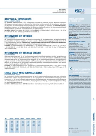 45
Preise, Leistungen
 Termine 2015
Leistungen: Preise in der Tabelle inkl. Un-
terricht wie gebucht, Unterkunft in Gastfa-
milie DZ/HP, Einstufungstest, Teilnahme-
zertifikat und kostenloser Internetzugang
in der Schule. Nicht inkl. Lehrmaterial (ca.
30 €).
Alle Sprachkurse sind auch ohne Unter-
kunft buchbar.
Dauer 1 UE: 55 Min. am Vormittag, 60
Min. am Nachmittag.
Aufpreis pro Woche in € für:
Gastfamilie EZ/HP​	 29,-
Gastfamilie Superior DZ/HP​	 29,-
Gastfamilie Superior EZ/HP​	 56,-
Residenz EZ mit Gemeinschaftsküche​	 3,-
DZ buchbar für 2 gemeinsam reisende TN.	
	
Termine: Kursbeginn jeden Montag.
Feiertage: 01.01., 21.03., 03.04., 06.04.,
27.04., 01.05., 16.06., 09.08., 10.08.,
24.09., 16.12., 25.12., 26.12. Ausgefalle-
ner Unterricht wird nicht nachgeholt.
Anreise/Abreise:
Samstag/Samstag oder Sonntag/Sonntag.
VISA-Bestimmungen:
Für einen Aufenthalt für bis zu 90 Tage benötigen
Sie einen Reisepass, der noch mindestens 30 Tage
über die geplante Aufenthaltsdauer gültig ist und
bei der Ausreise noch über mindestens zwei freie
Seiten für Visastempel verfügt. Zusätzlich müssen
Sie bei der Einreise ein Rück- oder Weiterreiseticket
und einen Nachweis über ausreichende Geldmittel
für die Aufenthaltsdauer vorweisen. Für einen län-
ger dauernden Aufenthalt benötigen Sie zusätzlich
ein Visum.
HAUPTKURS / INTENSIVKURS 	
Kursnummer E02011, E02012
Der Hauptkurs E02011 beinhaltet je nach Kenntnisstand Grammatik mit praktischen Übungen, Wortschatz und Hörver-
ständnis sowie Aussprache, Lesen und Schreiben. Der Unterricht ist sehr kommunikativ, die Kursteilnehmer haben somit
die Möglichkeit das soeben Erlernte aktiv anzuwenden und ihren Sprachfluss zu verbessern. Der Intensivkurs E02012
baut auf dem Hauptkurs auf. Am Nachmittag liegt der Schwerpunkt auf der Erweiterung der Kommunikationsfähigkeit.
Grundlage dafür ist eine Auswahl an aktuellen Themen und Zeitungsartikeln.
Kursdaten: E02011: 20 UE/Woche. Mo-Fr 09.00-13.00 Uhr. E02012: 24 UE/Woche. Mo-Fr 09.00-13.00 Uhr + Mo, Di, Do,
Fr 14.00-15.00 Uhr. Max. 10 TN/Gruppe. Für TN ab Kenntnisstufe A2.
INTENSIVKURS MIT OPTIONEN
Kursnummer E0223
Der Intensivkurs mit Optionen vermittelt die gleichen Grundlagen wie der normale Intensivkurs. Am Nachmittag werden
jedoch zusätzlich vier Optionen angeboten, auf welche in jeweils 5 UE/Woche näher eingegangen wird. So können die TN
je nach Interessenslage zwischen Kommunikation, Kundenservice  Qualitätssicherung, Preissetzung oder Meetings
 Verhandlungen wählen, um sich in eine spezifische Richtung weiterzuschulen.
Kursdaten: 29 Unterrichtseinheiten = 24 UE Intensivkurs + 5 UE gewählte Option. Mo 09.00-13.00 + 14.00-17.00 Uhr, Di
+ Do 9.00-13.00 Uhr + 14.00-16.30 Uhr, Mi 9.00-13.00 Uhr, Fr 9.00-13.00 + 14.00-15.00 Uhr. Max. 10 TN/Gruppe. Für
TN ab Kenntnisstufe A2.
INTENSIVKURS MIT BUSINESS ENGLISH	
Kursnummer E02031
Zielgruppe dieses Kurses sind TN, die ihre Englischkenntnisse für ihren Beruf verbessern möchten. Je nach Kenntnis-
stand werden die allgemeinsprachlichen Strukturen wie Aussprache, Grammatik, Hörverständnis und Schreiben gefestigt.
Aufbauend darauf, lernen die TN berufsspezifische Fähigkeiten wie die professionelle Verhandlungs- und Diskussionsfüh-
rung, das Entwickeln von Werbestrategien, Projekt- und Personalmanagement, professionelles Telefonieren, Teilnahme an
Meetings und das Halten von klar strukturierten Präsentationen. Außerdem lernt der Kursteilnehmer wie er seine Meinung
äußern, Empfehlungen geben und Konflikte lösen kann.
Kursdaten: 29 Unterrichtseinheiten = 24 UE Intensivkurs + 5 UE Business English. Mo 09.00-13.00 + 14.00-17.00 Uhr,
Di + Do 9.00-13.00 + 14.00-16.30 Uhr, Mi 9.00-13.00 Uhr, Fr 9.00-13.00 + 14.00-15.00 Uhr. Max. 10 TN/Gruppe. Für TN
ab Kenntnisstufe A2.
EINZEL-CRASH-KURS BUSINESS ENGLISH
Kursnummer E02041, E02042
Der Einzelunterricht bietet ein effektives und individuell auf den TN abgestimmtes Sprachtraining. Nach einer individuellen
Bedarfsanalyse wird ein Lernprogramm konzipiert, das die Ausgangsbasis und Ziele feststellt. Besonders geeignet ist das
Programm für TN, die ein sehr intensives Sprachstudium und spezielle private, oder berufsbezogene Unterrichtsinhalte wie
z.B. fachspezifisches Vokabular für Präsentationen, Telefongespräche und Meetings, sowie korrektes Englisch zur Pflege
von Geschäftskontakten wünschen.
Kursdaten: E02041: 20 UE/Woche. E02042: 30 UE/Woche. Unterricht nach Vereinbarung. Für TN ab Kenntnisstufe A1.
KAPSTADTBerufI•Südafrika
Alle Preise in Euro (€)
UE = Unterrichtseinheiten (Unterrichtsstunden)
TN	 = Teilnehmer(innen)
	 Wo. 	E02011 E02012 E02023 E02031 E02041 E02042
	1 	 300	304	327	327	520	710
	2 	 591	599	645	645	1031	1411
	3 	 882	894	963	963	1542	2112
	4 	 1173	1189	1281	1281	2053	2813	
	6 	 1755	 1779
	8 	 2337	 2369
	 10 	 2809	 2889
	12 	 3369	 3465
Der Flug ist in o.g. Leistung nicht in-
begriffen. Wir vermitteln Ihnen gerne
auf Wunsch einen günstigen Flug.
Noch Fragen?
Tel. 089 / 22 49 99
mail@elsta-sprachreisen.de
 
