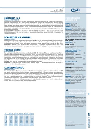 53
Preise, Leistungen
 Termine 2015
Saison A: 01.01.-21.06. +
24.08.-31.12.2015
Saison B: 22.06.-23.08.2015
Leistungen: Preise in der Tabelle inkl. Un-
terricht (Saison A) wie gebucht, Unterkunft
in Gastfamilie im Doppelzimmer mit Halb-
pension, Einstufungstest, Teilnahmezer-
tifikat, kostenloser Internetzugang in der
Schule. Lehrmaterial nicht inkl. (Kaution
US$ 40.-).
Alle Sprachkurse sind auch ohne Unter-
kunft buchbar.
Dauer 1 UE: 45 Min.
Kursnr. E01761:
Die Prüfungsgebühr ist nicht enthalten
(ca. US$ 185,-).
Aufpreis pro Woche in € für:
Unterkünfte Saison A:
Gastfamilie EZ/HP ​	 53,-
Gemeinschaftsapt. DZ Küchen-/
Badbenutzung​	 85,50
Gemeinschaftsapt. EZ eigenes Bad/
Gemeinschaftsküche​ 	 220,-
Unterkünfte Saison B:
Gastfamilie EZ/HP​	 147,-
Gastfamilie DZ/HP​	 20,50
	
Aufpreise je nach Aufenthaltsdauer.
Bitte ermitteln Sie die (Wochen-)genauen
Unterkunftspreise für Ihren Reisezeitraum
auf unsere Website!
Termine: Kursbeginn jeden Montag.
Feiertage: 01.01.,19.01. 16.02., 31.03.,
25.05., 03.07., 07.09., 12.10., 11.11.,
26.11., 21.12.-27.12.2015. Ausgefallener
Unterricht wird nicht nachgeholt.
Anreise: Samstag oder Sonntag.
Abreise: Samstag.
VISA-Bestimmungen:
Visumspflicht bei einer Aufenthaltsdauer von mehr
als 90 Tagen und bei Buchung eines Sprachkur-
ses mit einer Dauer von mehr als 18 Zeitstunden/
Woche (d.h. mehr als 24 UE/Woche à 45 Min.). Die
Einreise- und Visabestimmungen können jederzeit
und ohne Vorankündigung geändert werden. Daher
empfehlen wir Ihnen dringend, sich persönlich bei
der amerikanischen Botschaft zu informieren.
HAUPTKURS ​I  II			
Kursnummer E02411, E02412
Ein bewährter Standardsprachkurs mit Raum für individuelle Freizeitgestaltung in L.A. Das Programm vermittelt alle As-
pekte des Sprachenstudiums wie Lesen, Schreiben, Hörverständnis und Sprechen. Durch praktische Übungen wird das
Erlernte gefestigt und aktiviert. Die Lehrmethode trägt dazu bei, dass die TN aktiv am Unterricht teilnehmen. Bei E02412
haben die TN die Möglichkeit in sieben zusätzlichen Einheiten selbständig alle Medien und Einrichtungen der Sprachschule
effektiv für weitere Sprachfortschritte zu nutzen. Dabei werden sie von einer Lehrkraft betreut. Im Selbstlernzentrum
können die TN an Gesprächsrunden und Lerngruppen teilnehmen oder sich mit interaktiven Computerprogrammen oder
Projektarbeiten beschäftigen.
Kursdaten: E02411: 20 UE/Woche. Mo-Fr 08.15-11.30 Uhr. E02412: 27 UE/Woche = 20 UE Gruppenunterricht + 7 UE
betreutes Selbststudium. Mo-Fr 08.15-11.30 Uhr + Selbststudium. Stundenplan kann variieren. Max. 15 TN/Gruppe. Für
TN ab Kenntnisstufe A2.
INTENSIVKURS MIT OPTIONEN	 	
Kursnummer E02421
Der Intensivkurs baut auf dem Hauptkurs mit Selbststudium (E02412) auf und vermittelt somit alle wichtigen Grundstruktu-
ren wie Sprechen, Lesen, Hören, Grammatik, Wortschatz und Schreiben. Am Nachmittag können die TN zudem je nach In-
teresse aus mehreren Optionen wählen. Möglichkeiten sind hier zum Beispiel Tagesgeschehen, Film oder die lokale Kultur.
Kursdaten: 35 UE/Woche = 20 UE Hauptkurs + 8 UE gewählte Option + 7 UE betreutes Selbststudium. Mo-Do 08.15-13.00
+ Fr 08.15-12.45 Uhr + Selbststudium. Stundenplan kann variieren. Max. 15 TN/Gruppe. Für TN ab Kenntnisstufe A2.
BUSINESS ENGLISH	 	
Kursnummer E02431
Das Kursprogramm besteht zum einen aus dem Hauptkurs mit 20 UE, in dem die Teilnehmer bereits vorhandene Kennt-
nisse auffrischen und erweitern können. Zum anderen werden im fachbezogenen Kursbestandteil mit 8 UE alltägliche
Situationen des internationalen Geschäftslebens durchgespielt. Die TN lernen sich auf Englisch differenziert und elegant
auszudrücken, sowie Verhandlungen zu führen und Präsentationen zu halten. Rollenspiele, Diskussionen, das Trainieren
von Telefongesprächen und das Schreiben von Berichten und Briefen runden das Programm ab. Während der zusätzlichen
7 UE im Selbstlernzentrum können die TN diese Kenntnisse außerdem je nach individuellem Bedarf erweitern und vertiefen.
Bei Fragen steht immer ein kompetenter Sprachlehrer mit Rat und Tat zur Seite.
Kursdaten: 35 UE/Woche = 20 UE Hauptkurs + 8 UE Business English + 7 UE betreutes Selbststudium. Mo-Do 08.15-
13.00 + Fr 08.15-12.45 Uhr + Selbststudium.
EXAMENSKURS TOEFL 			
Kursnummer E02461
Der „Test of English as a Foreign Language“ wurde für Studenten konzipiert, die an Colleges und Universitäten in den USA
und Kanada studieren möchten. Der Kurs beinhaltet eine gezielte und effektive Prüfungsvorbereitung. Durch Grammatik-
übungen und Erweiterung des Wortschatzes sowie zahlreiche schriftliche und mündliche Übungstests, perfektionieren die
Kursteilnehmer ihre schriftlichen und mündlichen Fähigkeiten. ELSTA hilft bei der Prüfungsanmeldung. Der Kurs besteht
aus 20 UE Examensvorbereitung und 15 UE Selbststudium im Lernzentrum anhand von TOEFL- Computersimulationen,
Audiomaterialien und Büchern. Jeder TN bekommt hierfür einen eigens entwickelten Studienplan.
Kursdaten: 35 UE/Woche = 20 UE Gruppenunterricht + 15 UE betreutes Selbststudium. Mo-Fr 08.15-11.30 Uhr + Selbst-
studium. Max. 15 TN/Gruppe. Für TN ab Kenntnisstufe B2 geeignet.
LOSANGELESI•USA
	 Wo. 	E02411 E02412 E012421 E012431 E012461
	2 	 969	1017	1139	1139
	3	 1457	1522	1709	1709
	4 	 1949	2029	2279	2279	2279	
	6 	 2857	2975	3374	3374	3374
	8 	 3814	3973	4496	4496	4496
	10 	 4769	4964	5627	5627	5627
	12 	 5721	5954	6744		6744
Alle Preise in Euro (€)
UE = Unterrichtseinheiten (Unterrichtsstunden)
TN	 = Teilnehmer(innen)
Der Flug ist in o.g. Leistung nicht in-
begriffen. Wir vermitteln Ihnen gerne
auf Wunsch einen günstigen Flug.
Noch Fragen?
Tel. 089 / 22 49 99
mail@elsta-sprachreisen.de
 
