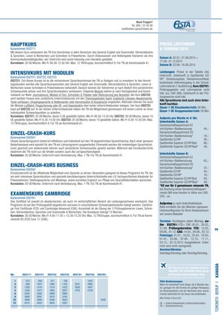 59
Preise, Leistungen
 Termine 2015
Saison A: 02.01.-21.06.2015 +
17.08.-31.12.2015
Saison B: 22.06.-16.08.2015
Leistungen: Preise in der Tabelle inkl.
Unterricht, Unterkunft in Gastfamilie DZ/
HP*, Einstufungstest, Teilnahmezertifikat,
kostenloser Internetzugang in der Schule.
Lehrmaterial (1 Ausführung).Kurs E02761:
Prüfungsgebühr und Lehrmaterial nicht
inkl. (ca. CAD 390), Unterkunft in der Prü-
fungswoche nicht inkl.
Alle Sprachkurse sind auch ohne Unter-
kunft buchbar.
Dauer 1 UE Einzelunterricht: 60 Min.
Dauer 1 UE Gruppenunterricht: 50 Min.
Aufpreis pro Woche in € für:
Unterkünfte Saison A:
Gemeinschaftsapartment EZ
mit Küchen-/Badbenutzung ​	 44,-
Gemeinschaftsapartment DZ
mit Küchen-/Badbenutzung*​	 18,-
Gastfamilie EZ/HP​	 26,-​
Gastfamilie Superior EZ/HP/Bad​	 66,-​
Gastfamilie Superior DZ/HP/Bad*​	 40,-
Unterkünfte Saison B:
Gemeinschaftsapartment EZ
mit Küchen-/Badbenutzung​	 62,-
Gemeinschaftsapartment DZ
mit Küchen-/Badbenutzung*​	 37,-
Gastfamilie EZ/HP​	 44,-​
Gastfamilie DZ/HP*​	 18,-
Gastfamilie Superior EZ/HP/Bad​	 84,-​
Gastfamilie Superior DZ/HP/Bad*​	 58,-
*DZ nur für 2 gemeinsam reisende TN,
bei Buchung eines Gemeinschaftsapart-
ments fällt eine Kaution in Höhe von CAD
250,- an.
Aufpreise je nach Aufenthaltsdauer.
Bitte ermitteln Sie die (Wochen-)genauen
Unterkunftspreise für Ihren Reisezeitraum
auf unsere Website!
	
Termine: Kursbeginn jeden Montag, au-
ßer E02761: FCE+ CAE: 05.01., 30.03.,
21.09. Prüfungstermine: FCE: 13.03.,
09.06., 01.12. CAE: 14.03., 09.06., 02.12.
Feiertage: 01.01., 16.02., 03.04., 18.05.,
01.07., 03.08., 07.09., 12.10., 11.11.,
24.12., 25.12.2015 Ausgefallener Unter-
richt wird nicht nachgeholt.
Anreise/Abreise:
Samstag/Samstag oder Sonntag/Sonntag.
VISA-Bestimmungen:
Wenn Ihr Aufenthalt nicht länger als 6 Monate dau-
ert, genügen für die Einreise ein gültiger Reisepass,
ein Rückreiseticket und ein Nachweis über ausrei-
chende Geldmittel für die Dauer des Aufenthalts.
HAUPTKURS	 	
Kursnummer E02711
Mit diesem Kurs verbessern die TN ihre Kenntnisse in allen Bereichen des General English wie Grammatik, Hörverständnis
 Sprechen, Lesen  Wortschatz und Schreiben  Präsentieren. Durch Diskussionen und Rollenspiele trainieren sie ihre
Kommunikationsfähigkeiten, der Unterricht wird somit lebendig und interaktiv gestaltet.
Kursdaten: 20 UE/Woche. Mo-Fr 08.30-12.50 Uhr. Max. 12 TN/Gruppe, durchschnittlich 8. Für TN ab Kenntnisstufe A1.
INTENSIVKURS mit Modulen			
Kursnummer E02721, E02722, E02723
E02721: Ziel dieses Kurses ist es die vorhandenen Sprachkenntnisse der TN zu festigen und zu erweitern. In den Vormit-
tagsstunden werden alle Sprachkomponenten des General English wie Grammatik, Hörverständnis  Sprechen, Lesen 
Wortschatz sowie Schreiben  Präsentationen behandelt. Danach können die Teilnehmer je nach Bedarf ihre persönlichen
Schwerpunkte setzen und ihre Sprachkompetenz verbessern. Folgende Module stehen je nach Verfügbarkeit und Kennt-
nisstand zur Wahl: Journalismus, Medien  Film, Schreiben  Theater oder Reduzierung des Akzentes. Bei Kurs E02722
wird darüber hinaus eine zusätzliche Unterrichtsstunde mit den Themengebieten Sport, Englische Literatur, Akademische
Texte verfassen, Umgangssprache  Redensarten oder Konversation  Aussprache angeboten. Alternativ können Sie auch
die Module Luftfahrt, Flugsicherung oder Öl- und Gasindustrie über beide Unterrichtsstunden belegen. Der Kurs E02723
baut auf E02722 auf: In der letzten Unterrichtsstunde haben die TN die Möglichkeit gemeinsam mit einem Lehrer an ihren
individuellen Schwachpunkten zu arbeiten.
Kursdaten: E02721: 25 UE/Woche, davon 5 UE gewählte Option. Mo-Fr 08.30-13.50 Uhr. E02722: 30 UE/Woche, davon 10
UE gewählte Option. Mo-Fr 8.30-14.50 Uhr. E02723: 35 UE/Woche, davon 10 gewählte Option. Mo-Fr 8.30-15.50 Uhr. Max.
12 TN/Gruppe, durchschnittlich 8. Für TN ab Kenntnisstufe A1.
EINZEL-CRASH-KURS​	
Kursnummer E02041
Dieses Sprachprogramm bietet ein effektives und individuell auf den TN abgestimmtes Sprachtraining. Nach einer genauen
Bedarfsanalyse wird speziell für den TN ein Lehrprogramm ausgearbeitet. Einerseits werden die notwendigen Sprachstruk-
turen geschult und andererseits können auch persönliche Schwerpunkte gesetzt werden. Während des Einzelunterrichts
bestimmt der TN nicht nur die Inhalte sondern auch die Lerngeschwindigkeit.
Kursdaten: 20 UE/Woche. Unterricht nach Vereinbarung. Max. 1 TN. Für TN ab Kenntnisstufe A1.
EINZEL-CRASH-KURS BUSINESS​	
Kursnummer E02042
Einzelunterricht ist die effektivste Möglichkeit eine Sprache zu lernen. Besonders geeignet ist dieses Programm für TN, die
ein sehr intensives Sprachstudium und spezielle berufsbezogene Unterrichtsinhalte wie z.B. fachspezifisches Vokabular für
Präsentationen, Telefongespräche und Meetings, sowie korrektes Englisch zur Pflege von Geschäftskontakten wünschen.
Kursdaten: 20 UE/Woche. Unterricht nach Vereinbarung. Max. 1 TN. Für TN ab Kenntnisstufe A1.
EXAMENSKURS CAMBRIDGE	 		
Kursnummer E02761
Das Zertifikat ist sowohl im akademischen, als auch im wirtschaftlichen Bereich als Leistungsnachweis anerkannt. Das
Programm ist auf den Prüfungsstoff abgestimmt und kann in verschiedenen Schwierigkeitsstufen belegt werden: Cambrid-
ge First Certificate (FCE) und Cambridge Advanced (CAE). Kursinhalt ist die Übung der 5 Prüfungsbereiche Lesen, Schrei-
ben, Hörverständnis, Sprechen und Grammatik  Wortschatz. Die Kursdauer beträgt 10 Wochen.
Kursdaten: 30 UE/Woche. Mo-Fr 9.00-11.50 + 12.30-15.20 Uhr. Max. 12 TN/Gruppe, durchschnittlich 8. Für TN ab Kennt-
nisstufe B2 (FCE) bzw. C1 (CAE). TORONTOBERUFI•KANADA
Alle Preise in Euro (€)
UE = Unterrichtseinheiten (Unterrichtsstunden)
TN	 = Teilnehmer(innen)
	Wo. E02711 E02721 E02722 E02723 E02741 E02742 E02761
	1 	 610	639	671	708		1622
	2 	 969	1027	1092	1165	2501	2995
	3 	 1328	1416	1514	1622	3626	4367
	4 	 1630	1673	1862	2007	4752	5739
	 6 	 2320	2385	2668	2886
	8 	 3009	3097	3474	3764
	10 	 3699	3808	4280	4643			 4280
	12 	 4215	4433	4955	5391
Der Flug ist in o.g. Leistung nicht in-
begriffen. Wir vermitteln Ihnen gerne
auf Wunsch einen günstigen Flug.
Noch Fragen?
Tel. 089 / 22 49 99
mail@elsta-sprachreisen.de
 