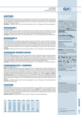 65
Preise, Leistungen
 Termine 2015
Leistungen: Preise in der Tabelle inkl. Un-
terricht wie gebucht, Privatunterkunft EZ
mit Küchen-/Badbenutzung, Einstufungs-
test, Teilnahmebestätigung, kostenloser
Internetzugang und WLAN, Lehrmaterial
nicht inklusive (je nach Kursdauer ca. AU$
70-280,-, bei Kurs E02862 AU$ 120,-).
Alle Sprachkurse sind auch ohne Unter-
kunft buchbar.
Dauer 1 UE: 60 Min.
Kursnr. E02861 und E02862
Prüfungsgebühr nicht inkl. (E02862 ca.
AU$ 300,-). Keine automatische Anmel-
dung zur Prüfung bei Buchung.
Aufpreis pro Woche in € für:
Residenz EZ:	 104,-
Residenz DZ:	 28,50
Gastfamilie EZ/HP:	 43,-
Residenz buchbar ab 4 Wochen Kursdauer.
	
Aufpreise je nach Aufenthaltsdauer.
Bitte ermitteln Sie die (Wochen-)genauen
Unterkunftspreise für Ihren Reisezeitraum
auf unsere Website!
Termine: Kursbeginn jeden Montag. Au-
ßer E02862: FCE + CAE: 05.01. (10
Wochen), 16.03. (12 Wochen), 08.06. (10
Wochen), 07.09. (12 Wochen). Prüfungs-
termine 2015: FCE: 13.03., 06.06.,
20.08., 01.12.2015 CAE: 14.03., 06.06.,
21.08., 02.12.2015.
Feiertage: 01.01., 26.01., 03.04., 06.04.,
08.06.,03.08.,05.10.,25.12.,26.12.2015.
Unterricht wird nicht nachgeholt.
Anreise/Abreise:
Samstag/Samstag oder Sonntag/Sonntag.
VISA-Bestimmungen:
Sie benötigen bei einer Aufenthaltsdauer von bis zu
12 Wochen ein Besuchervisum und einen Reise-
pass, der mindestens für die Dauer der Reise gültig
ist. Das Visum wird in Form einer sogenannten elek-
tronischen Einreiseerlaubnis (eVisitor) erteilt. Bei
einem mehr als 12-wöchigen Aufenthalt benötigen
Sie ein Studentenvisum, das nur bei Belegung eines
Intensivkurses ausgestellt wird.
HAUPTKURS	 	
Kursnummer E02811
Das Kursziel ist die gezielte Verbesserung der Sprachkenntnisse mit Schwerpunkt auf General English. Der Kurs widmet
sich der Schulung von Grammatik, Aussprache, Hörverständnis, Sprechen, Lesen und Schreiben. Durch interaktive Übun-
gen wie Rollenspiele und Diskussionen verbessern die TN in der Gruppe ihren Sprachfluss sowie ihre Selbstsicherheit
gegenüber der englischen Sprache.
Kursdaten: 15 UE/Woche. Mo-Fr 09.40-12.50 Uhr. Durchschnittlich 12, max. 18 TN/Gruppe. Für TN ab Kenntnisstufe A1.
INTENSIVKURS I 			
Kursnummer E02821
Der Intensivkurs baut auf den Hauptkurs auf und fördert somit die Komponenten Sprechen, Hörverständnis, Lesen und
Schreiben. Zusätzlich trainieren die TN, je nach Kenntnisstand, längere und schwierigere Texte zu verstehen, über komple-
xe Themen zu referieren und an Diskussionen teilzunehmen, sowie kleine Vorträge und Präsentationen zu halten.
Kursdaten: 20 UE/Woche. Mo-Fr 08.30–12.50 Uhr. Durchschnittlich 12 TN, max. 18TN/Gruppe. Für TN ab Kenntnisstufe A1.
INTENSIVKURS II	
Kursnummer E02822
Im Intensivkurs werden alle wichtigen Strukturen gefördert: Sprechen, Hörverständnis, Lesen und Schreiben. Dem Kennt-
nisstand angepasst lernen die Teilnehmer Wortschatz aus Alltagssituationen wie z.B. Einkaufen, wie man ein Bankkonto
eröffnet und ein Bewerbungsschreiben auf Englisch verfasst. Ab der Mittelstufe liegt der Fokus auf Konversation mit Hilfe
von Zeitungsartikeln. Im gezielten Wortschatztraining werden anspruchsvolle, aktuelle Themen besprochen. Die letzte Un-
terrichtseinheit beinhaltet Optionskurse wie z.B. Aussprache, Grammatikübungen, Konversation oder TOEIC Examensvor-
bereitung.
Kursdaten: 25 UE/Woche. Mo-Fr 08.30–14.30 Uhr. Durchschnittlich 12, max. 18 TN/Gruppe. Für TN ab Kenntnisstufe A1.
INTENSIVKURS BUSINESS ENGLISH		
Kursnummer E02831
Dieser Kurs ist ideal geeignet für TN, die für Beruf und Karriere einerseits ihr allgemeines Englisch, andererseits fachspe-
zifische Kommunikationsfähigkeiten erlernen möchten. Die TN lernen angemessen auf Englisch zu kommunizieren, zu
telefonieren, zu verhandeln, Präsentationen zu halten, Berichte zu schreiben, Small Talk zu führen und sich in der interna-
tionalen Geschäftswelt zu bewegen. Fachspezifischer Wortschatz ist genauso Unterrichtsgegenstand wie Grammatik und
Textverständnis. Mithilfe von Rollenspielen werden Meetings und andere Geschäftssituationen trainiert.
Kursdaten: 20 UE/Woche. Mo-Fr 08.30-12.50 Uhr. Durchschnittlich 12, max. 18 TN/Gruppe. Für TN ab Kenntnisstufe B1.
EXAMENSKURS IELTS / CAMBRIDGE		 	
Kursnummer E02861, E02862
E02861: Der IELTS-Test ist weltweit anerkannt. Bildungseinrichtungen in Großbritannien, Australien, Neuseeland, Kana-
da, den USA und auch zahlreiche internationale Unternehmen im In- und Ausland erkennen den IELTS als Nachweis für
englische Sprachkenntnisse an. Viele Organisationen verlangen zudem den IELTS-Test für eine Reihe weiterer Zwecke wie
Einwanderung, Arbeitsvermittlung, Approbation und Zulassung zu Lehrgängen. Das Programm ist auf den Prüfungsstoff
abgestimmt und bereitet die TN gezielt auf die Prüfung vor. Kursdauer zwischen 4 und 12 Wochen. E02862: Das Cambrid-
ge Prüfungszeugnis ist sowohl im akademischen als auch im wirtschaftlichen Bereich als Leistungsnachweis anerkannt.
Das Programm ist vollkommen auf den Prüfungsstoff abgestimmt und kann in verschiedenen Schwierigkeitsstufen belegt
werden: Cambridge First Certificate (FCE) und Cambridge Advanced Certificate (CAE). Die Kursdauer beträgt 10 oder 12
Wochen.
Kursdaten: 25 UE/Woche. Mo-Fr 08.30-14.30 Uhr. Durchschnittlich 12, max. 18 TN/Gruppe. Für TN ab Kenntnisstufe B1
(IELTS), B2 (FCE) und C1 (CAE).
PRAKTIKUM 		 	
Kursnummer E02771
Gute Vorkenntnisse sind Voraussetzung für dieses attraktive Programm, das ein Praktikum in einem australischen Unter-
nehmen mit einschließt. Die Bausteine sind 4 Wochen Intensivkurs Kursnr. E02822 mit 25 Unterrichtseinheiten pro Woche
und 8 Wochen Praktikum, oder 4 Wochen Intensivkurs mit 25 Unterrichtseinheiten und 12 Wochen Praktikum in einem
Unternehmen. Wenn Sie Ihre gewünschte Sprachkurs/Praktikum-Kombination nicht aufgeführt finden, bieten wir Ihnen auf
Anfrage gerne ein passendes Angebot an.
Kursdaten: E02822: 25 UE/Woche. Mo-Fr 08.30-14.30 Uhr.+ Praktikum. Für TN ab Kenntnisstufe B2.
SYDNEYI•AUSTRALIEN
Alle Preise in Euro (€)
UE = Unterrichtseinheiten (Unterrichtsstunden)
TN	 = Teilnehmer(innen)
	 Wo. 	E02811 E02821 E02822 E02831 E02861 E02862 E02871
	2 	 965	 1021	 1078
	3 	 1297	 1382	 1467
	4 	 1630	1743	1859	1768	1859
	6 	 2295	2467	2642	2497	2642
	8	 2960	3189	3418	3227	3418
	 10 	 3639	3918	4204	3963	4211	4340
	12 	 4297	4648	4998	4685	4998	5159	3897
	16 		6106	6571				4469
Der Flug ist in o.g. Leistung nicht in-
begriffen. Wir vermitteln Ihnen gerne
auf Wunsch einen günstigen Flug.
Noch Fragen?
Tel. 089 / 22 49 99
mail@elsta-sprachreisen.de
 