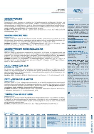 69
Preise, Leistungen
 Termine 2015
Leistungen: Preise inkl. Unterricht und
Unterkunft wie gebucht, Einstufungstest,
Lehrmaterial (1 Ausführung), Teilnahme-
zertifikat, kostenloser Internetzugang.
Nicht inkl. Materialkosten für den Kultu-
runterricht bei C0122 und C0143: € 53,-
pro Woche. Für Tai Qi fallen keine Materi-
alkosten an.
Alle Sprachkurse sind auch ohne Unter-
kunft buchbar.
Dauer 1 UE Einzelunterricht: 55 Min.
Dauer 1 UE Gruppenunterricht: 55 Min.
Dauer 1 UE Kulturunterricht: 60 Min.
Kursnr. C0154
nur in Verbindung mit C0141, C0142,
C0143 oder C0121 buchbar.
Aufpreis in € pro Woche für:
Unterkünfte Saison B (16.02.-01.03.):
Privatunterkunft EZ/Küchen-/
Badbenutzung 	 131,-
Gastfamilie EZ/HP 	 151,-
Termine: C0141, C0142, C0154: Kursbe-
ginn jeden Montag. C0111, C0121,
C0122, C0143: mit Vorkenntnissen je-
den Montag. Anfänger: 12.01., 02.02.,
02.03., 23.03., 13.04., 04.05., 25.05.,
15.06., 06.07., 20.07., 03.08., 17.08.,
31.08., 21.09., 12.10., 02.11., 23.11.,
14.12.2015.
Feiertage: 01.01., 19.02. – 25.02.,
03.04., 01.05., 20.06., 25.09., 01.10.-
06.10. 2015 Ausgefallener Unterricht wird
nachgeholt.
Achtung: die Unterrichtstage 24./25.02.
werden auf den 14.02. (Samstag) und
28.02. (Samstag) verlegt. Der Unterricht
vom 05./06.10. findet am 27.09. (Sonntag)
und 11.10. (Sonntag) statt.
Anreise: Samstag. Abreise: Sonntag.
MINIGRUPPENKURS
Kursnummer C0111
Übungsthemen in diesem lebendigen und interaktiven Kurs sind alle Sprachbereiche, also Grammatik-, Wortschatz- und
Hörverständnis. Der Schwerpunkt wird auf freies Sprechen, mündliches Ausdrucksvermögen und Aussprache gelegt. Durch
die kleinen Gruppen mit max. 6 Teilnehmern, können die TN ihre kommunikativen Fähigkeiten schnell und effektiv verbes-
sern. Gleichzeitig lernen die TN grundlegende Merkmale der chinesischen Kultur und Lebensweise kennen. Eine Heranfüh-
rung an chinesische Schriftzeichen erfolgt erst im weiteren Verlauf des Kurses.
Kursdaten: 20 UE/Woche. Mo-Fr 9.30-11.30 + 12.30-14.30 Uhr, Stundenplan kann variieren. Max. 6 TN/Gruppe. Für TN
ab Kenntnisstufe A1 bis B1.
MINIGRUPPENKURS PLUS
Kursnummer C0121
Zusätzlich zum Hauptkurs erhalten die TN 10 UE Einzelunterricht. Dieser Kurs eignet sich hervorragend für TN, die mit Hilfe
der Einzelstunden ihren Kenntnisstand in spezifischen Bereichen, wie z.B. Lese- und Hörverständnis schnell festigen bzw.
erweitern möchten. Durch diese individuelle Gestaltung des Unterrichts lernt der TN besonders effektiv.
Kursdaten: 30 UE/Woche = 20 UE Gruppenkurs + 10 UE Einzelunterricht. Mo-Fr. 9.30-11.30 + 12.30-14.30 Uhr + Einze-
lunterricht nach Vereinbarung. Max. 6 bzw. 1 TN/Gruppe. Für TN ab Kenntnisstufe A1 bis B1.
MINIGRUPPENKURS CHINESISCH  KULTUR	
Kursnummer C0122
Dieser Kurs besteht aus dem Hauptkurs am Vormittag und Kulturunterricht am Nachmittag. Der Kulturunterricht stellt eine
abwechslungsreiche Möglichkeit dar, das Gelernte vom Vormittag anzuwenden und gleichzeitig Interessantes über die
chinesische Kultur zu erfahren. Dabei stehen den TN verschiedene Auswahlmöglichkeiten zur Verfügung: Tai Qi, Kung Fu,
Kochkurse, chinesische Malerei, Musik, Kalligraphie, Maskenmalerei und chinesischer Scherenschnitt.
Kursdaten: 30 UE/Woche = 20 UE Gruppenkurs + 10 UE Kulturunterricht. Mo-Fr Gruppenkurs 9.30-11.30 + 12.30-14.30
Uhr, Kulturunterricht am Nachmittag. Stundenplan kann variieren. Max. 6 TN im Hauptkurs und 3 TN/Gruppe im Kulturun-
terricht. Für TN ab Kenntnisstufe A1 bis B1.
EINZEL-CRASH-KURS I  II	
Kursnummer C0141, C0142
Das Kursprogramm wird individuell nach dem bisherigen Kenntnisstand und den Wünschen und Bedürfnissen des TNs
erstellt. Durch den Einzelunterricht wird der TN besonders stark gefordert und erzielt rasche Lernerfolge. Besonders ge-
eignet ist dieses Programm für TN, die ein besonders intensives Sprachstudium wünschen oder fachbezogene und sehr
spezifische Themen bearbeiten wollen.
Kursdaten: C0141: 20 UE/Woche. C0142: 30 UE/Woche. Unterricht nach Absprache. Für TN ab Kenntnisstufe A1 bis C2.
EINZEL-CRASH-KURS  KULTUR	
Kursnummer C0143
Dieser Kurs besteht aus Einzel- und Kulturunterricht. Während in den 20 UE Einzelunterricht besonders intensiv auf die
individuellen Bedürfnisse des jeweiligen TNs eingegangen werden kann, lernt man in den 10 UE Kulturunterricht pro Woche
nützliche und interessante Dinge über die chinesische Kultur. Mögliche Bereiche sind: Tai Qi, Kung Fu, Kochkurse, chine-
sische Malerei, Musik, Kalligraphie, Maskenmalerei und Scherenschnitt.
Kursdaten: 30 UE/Woche = 20 UE Einzelunterricht + 10 UE Kulturunterricht. Unterricht nach Absprache. Max. 1 TN, bzw.
3 TN/Gruppe im Kulturunterricht. Für TN ab Kenntnisstufe A1 bis C2.
ZUSATZOPTION Beijing Safari	
Kursnummer C0154
In Begleitung eines Lehrers erkunden die TN die Stadt und üben alltägliche Situationen, dort wo sie anfallen: in den Straßen,
in Geschäften, bei Sehenswürdigkeiten etc. Der Sprachlehrer ist immer dabei und steht dem Kursteilnehmer mit Rat und
Tat zur Seite. So lernt man nicht nur nützliche Vokabeln, sondern auch gleich wie man sie am besten anwendet und wie
man auf bestimmte Situationen reagiert.
Kursdaten: 10 UE/Woche. Unterricht nach Absprache. Max. 1 TN/Gruppe. Für TN ab Kenntnisstufe A1 bis A2.
Alle Preise in Euro (€)
UE = Unterrichtseinheiten (Unterrichtsstunden)
TN	 = Teilnehmer(innen)
BeijingBERUFI•China
	Wo. C0111 C0121 C0122 C0141 C0142 C0143	C0154
	1 	 342	630	630	630	920	920	 66
	2 	 605	1158	1158	1158	1711	1711	 118
	3 	 807	1560	1560	1560	2313	2313	
	4 	 1007	1962	1962	1962	2917	2917	
	6 	 1424	2797	2797	2797	4168	4168	
	8 	 1801	3550	3550	3550	5299	5299	
	10 	 2138	4223	4223	4223	6310	6310	
	 12 	 2465	4877	4877	4877	7290	7290	
Der Flug ist in o.g. Leistung nicht in-
begriffen. Wir vermitteln Ihnen gerne
auf Wunsch einen günstigen Flug.
Noch Fragen?
Tel. 089 / 22 49 99
mail@elsta-sprachreisen.de
Kurspreise in €/Woche:
Unterkunftspreisein€/Wochen 		 1	2	3	4	6	8	10	12	
	
Gemeinschaftsapt. EZ/		279	385	428	524	765	1007	1250	1492
Küchen-/Badbenutzung
Superior Gemeinschaftsapt. EZ/		 431	 605	 675	 766	1129	1492	1855	2219
eigenes Bad/Küchenbenutzung
Privatunterkunft EZ/		 364	 638	 862	1038	1480	1885	2252	2583
Küchen-/Badbenutzung
Gastfamilie EZ/HP		 418	 738	1000	1203	1719	2192	2621	3006
 