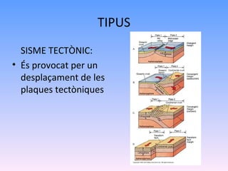 TIPUS
  SISME TECTÒNIC:
• És provocat per un
  desplaçament de les
  plaques tectòniques
 