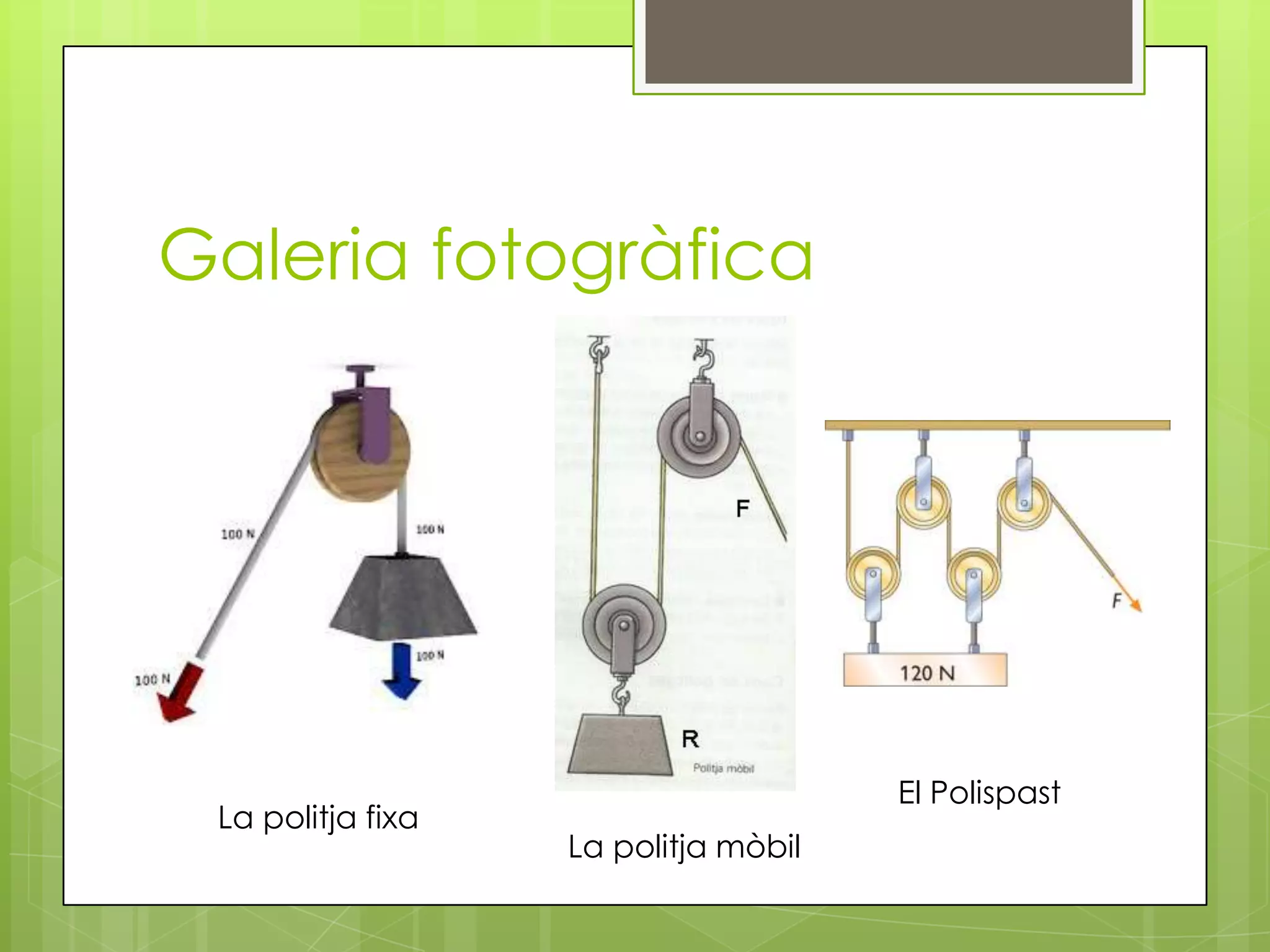 Galeria fotogràfica

La politja fixa

El Polispast
La politja mòbil

 