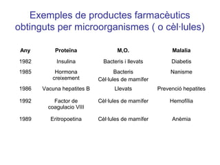 Exemples de productes farmacèutics
obtinguts per microorganismes ( o cèl·lules)
Any Proteïna M,O. Malalia
1982 Insulina Bacteris i llevats Diabetis
1985 Hormona
creixement
Bacteris
Cèl·lules de mamífer
Nanisme
1986 Vacuna hepatites B Llevats Prevenció hepatites
1992 Factor de
coagulacio VIII
Cèl·lules de mamífer Hemofília
1989 Eritropoetina Cèl·lules de mamífer Anèmia
 