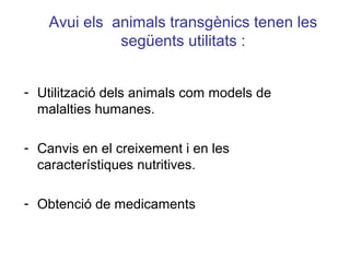 - Utilització dels animals com models de
malalties humanes.
- Canvis en el creixement i en les
característiques nutritives.
- Obtenció de medicaments
Avui els animals transgènics tenen les
següents utilitats :
 