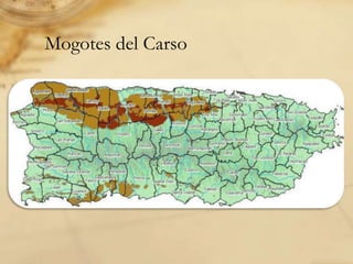 El relieve de Puerto RicoEs principalmente montañoso.  Las montañas son terrenos elevados y con mucha inclinación.  Las colinas y los montes son también terrenos elevados pero más bajos y con pendientes suaves.  Cerro Punta, JayuyaMonte