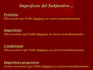 Imperfecto del Subjuntivo…
Pretérito:
Ella mandó que Pablo limpiara su cuarto inmediatamente.


Imperfecto:
Ella mandaba que Pablo limpiara su cuarto inmediatamente.


Condicional:
Ella mandaría que Pablo limpiara su cuarto inmediatamente.



Imperfecto progresivo:
                                              25
Estaba mandando que Pablo limpiara su cuarto inmediatamente.
 