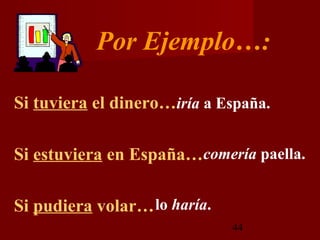 Por Ejemplo…:

Si tuviera el dinero…iría a España.

Si estuviera en España…comería paella.

Si pudiera volar… lo haría.
                              44
 