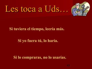 Les toca a Uds…

 Si tuviera el tiempo, leería más.

      Si yo fuera tú, lo haría.



   Si lo compraras, no lo usarías.
                                     45
 