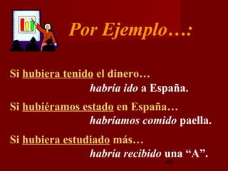 Por Ejemplo…:

Si hubiera tenido el dinero…
                habría ido a España.
Si hubiéramos estado en España…
               habríamos comido paella.
Si hubiera estudiado más…
                habría recibido una “A”.
                               48
 