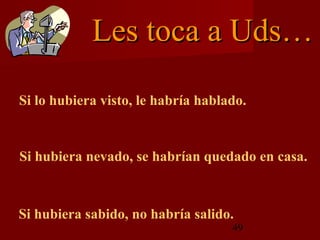 Les toca a Uds…

Si lo hubiera visto, le habría hablado.


Si hubiera nevado, se habrían quedado en casa.



Si hubiera sabido, no habría salido.
                                    49
 