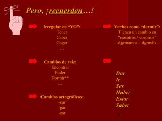 Pero, ¡recuerden…!
    Irregular en “YO”:     Verbos como “dormir”:
           Tener            Tienen un cambio en
           Caber            “nosotros / vosotros”
           Coger           …durmamos…durmáis…
            …


    Cambios de raíz:
       Encontrar
        Poder               Dar
       Dormir**             Ir
          …
                            Ser
                            Haber
   Cambios ortográficos:
                            Estar
           -car
           -gar             Saber
           -zar             6
 