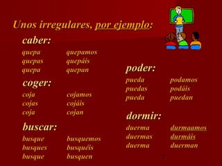 Unos irregulares, por ejemplo:
 caber:
  quepa     quepamos
  quepas    quepáis
  quepa     quepan      poder:
                        pueda         podamos
  coger:                puedas        podáis
  coja      cojamos     pueda         puedan
  cojas     cojáis
  coja      cojan
                        dormir:
  buscar:               duerma        durmaamos
  busque    busquemos   duermas       durmáis
  busques   busquéis    duerma        duerman
  busque    busquen               7
 