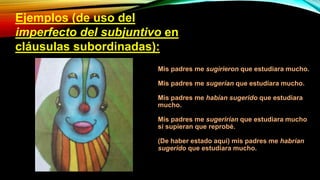 Ejemplos (de uso del
imperfecto del subjuntivo en
cláusulas subordinadas):
Mis padres me sugirieron que estudiara mucho.
Mis padres me sugerían que estudiara mucho.
Mis padres me habían sugerido que estudiara
mucho.
Mis padres me sugerirían que estudiara mucho
si supieran que reprobé.
(De haber estado aquí) mis padres me habrían
sugerido que estudiara mucho.
 