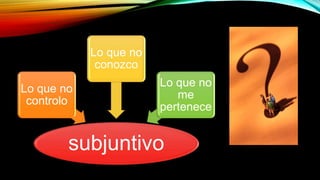 subjuntivo
Lo que no
controlo
Lo que no
conozco
Lo que no
me
pertenece
 
