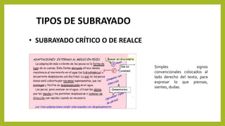TIPOS DE SUBRAYADO
• SUBRAYADO CRÍTICO O DE REALCE
Simples signos
convencionales colocados al
lado derecho del texto, para
expresar lo que piensas,
sientes, dudas.
 