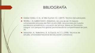 BIBLIOGRAFÍA
 Gáslac Gáloc, E. M., & Tello Guimet, G. I. (2019). Técnica del subrayado.
 TEORÍA, I. EL SUBRAYADO I.-ESQUEMA. Ser una de las 10 mejores
universidades privadas del Perú al año 2020, reconocidos por nuestra
excelencia académica y vocación de servicio, líderes en formación
integral, con perspectiva global; promoviendo la competitividad del país.,
35.
 Sebastián, A., Ballesteros, B., & García, M. F. S. (1998). Técnicas de
estudio. Universidad Nacional de Educación a Distancia.
 