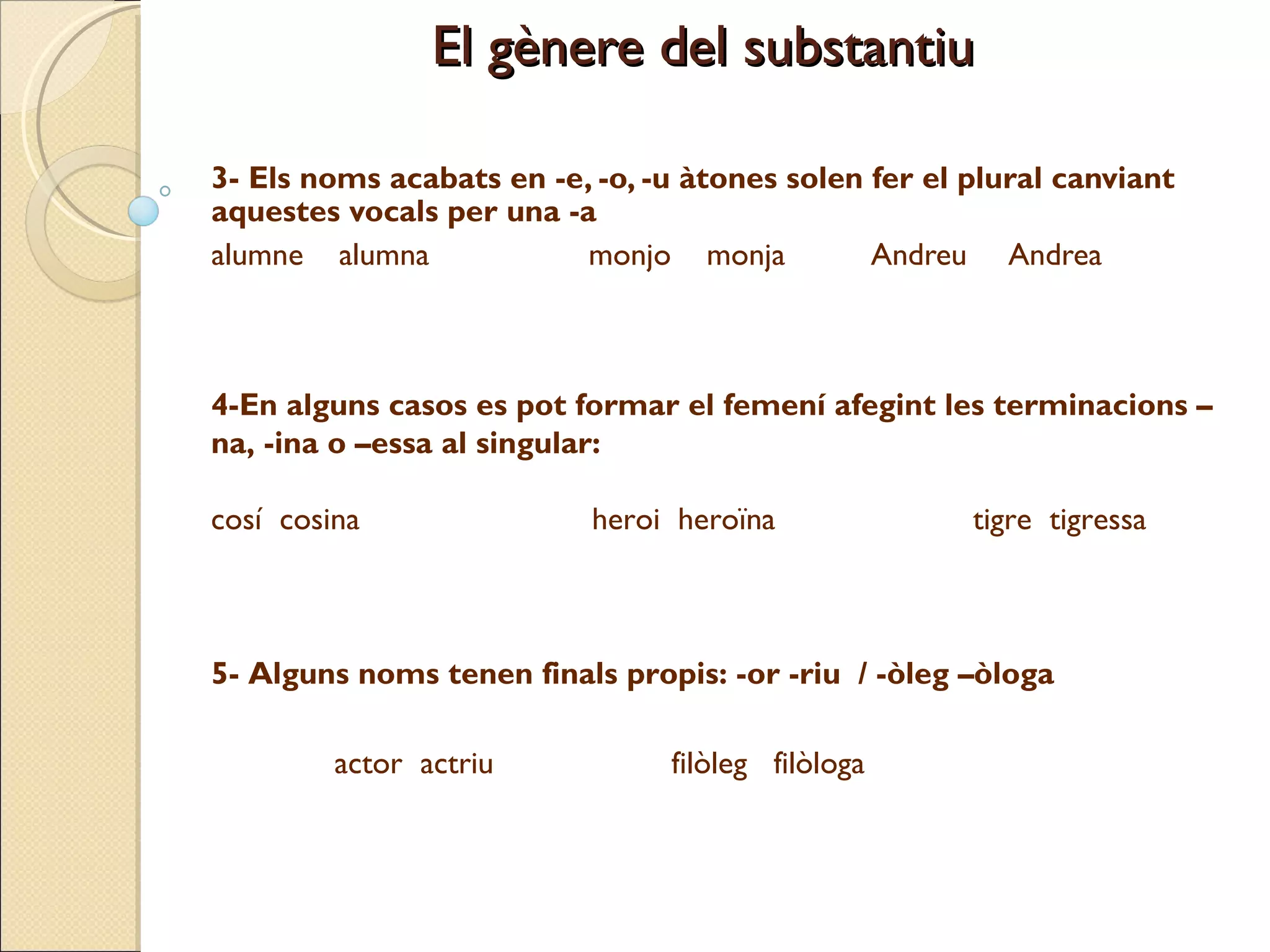 El gènere del substantiu 3- Els noms acabats en -e, -o, -u àtones solen fer el plural canviant aquestes vocals per una -a alumne  alumna   monjo  monja  Andreu  Andrea 4-En alguns casos es pot formar el femení afegint les terminacions –na, -ina o –essa al singular: cosí  cosina    heroi  heroïna   tigre  tigressa 5- Alguns noms tenen finals propis: -or -riu  / -òleg –òloga actor  actriu  filòleg  filòloga 