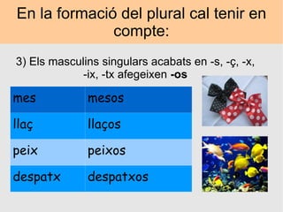 En la formació del plural cal tenir en compte: 3) Els masculins singulars acabats en -s, -ç, -x, -ix, -tx afegeixen  -os mes mesos llaç llaços peix peixos despatx despatxos 