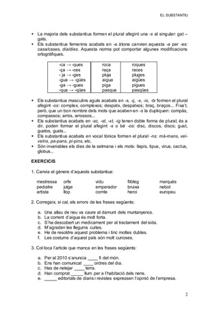 EL SUBSTANTIU
2
 La majoria dels substantius formen el plural afegint una -s al singular: gat –
gats.
 Els substantius femenins acabats en -a àtona canvien aquesta -a per -es:
casa/cases, dia/dies. Aquesta norma pot comportar algunes modificacions
ortogràfiques.
-ca → -ques
-ça → -ces
- ja → -ges
-gua → -gües
-ga → -gues
-qua → -qües
roca
raça
pluja
aigua
piga
pasqua
roques
races
pluges
aigües
pigues
pasqües
 Els substantius masculins aguts acabats en -s, -ç, -x, -ix, -tx formen el plural
afegint -os: complex, complexos; despatx, despatxos; braç, braços... Fixa’t,
però, que un bon nombre dels mots que acaben en -s la dupliquen: compàs,
compassos; arròs, arrossos...
 Els substantius acabats en -sc, -st, -xt, -ig tenen doble forma de plural; és a
dir, poden formar el plural afegint -s o bé -os: disc, discos, discs; gust,
gustos, gusts...
 Els substantius acabats en vocal tònica formen el plural -ns: mà-mans, veí-
veïns, pa-pans, pi-pins, etc.
 Són invariables els dies de la setmana i els mots: llapis, tipus, virus, cactus,
globus...
EXERCICIS
1. Canvia el gènere d’aquests substantius:
mestressa
pediatre
artista
orfe
jutge
llop
vidu
emperador
comte
filòleg
bruixa
heroi
marquès
nebot
europeu
2. Corregeix, si cal, els errors de les frases següents:
a. Una allau de neu va caure al damunt dels muntanyencs.
b. La corrent d’aigua és molt forta.
c. S’ha descobert un medicament per al tractament del sida.
d. M’agraden les llegums cuites.
e. He de resoldre aquest problema i tinc moltes dubtes.
f. Les costums d’aquest país són molt curioses.
3. Col·loca l’article que manca en les frases següents:
a. Per al 2010 s’anuncia ____ fi del món.
b. Ens han comunicat ____ ordres del dia.
c. Has de netejar ____ terra.
d. Han comprat _____ llum per a l’habitació dels nens.
e. _____ editorials de diaris i revistes expressen l’opinió de l’empresa.
 