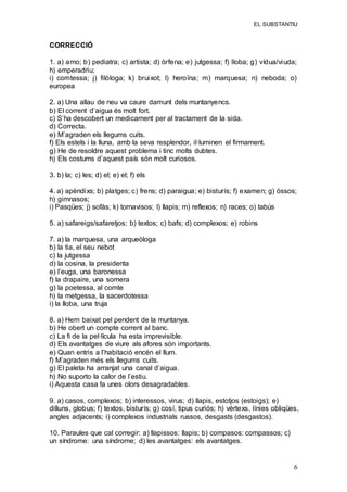 EL SUBSTANTIU
6
CORRECCIÓ
1. a) amo; b) pediatra; c) artista; d) òrfena; e) jutgessa; f) lloba; g) vídua/viuda;
h) emperadriu;
i) comtessa; j) filòloga; k) bruixot; l) heroïna; m) marquesa; n) neboda; o)
europea
2. a) Una allau de neu va caure damunt dels muntanyencs.
b) El corrent d’aigua és molt fort.
c) S’ha descobert un medicament per al tractament de la sida.
d) Correcta.
e) M’agraden els llegums cuits.
f) Els estels i la lluna, amb la seva resplendor, il·luminen el firmament.
g) He de resoldre aquest problema i tinc molts dubtes.
h) Els costums d’aquest país són molt curiosos.
3. b) la; c) les; d) el; e) el; f) els
4. a) apèndixs; b) platges; c) frens; d) paraigua; e) bisturís; f) examen; g) óssos;
h) gimnasos;
i) Pasqües; j) sofàs; k) tornavisos; l) llapis; m) reflexos; n) races; o) tabús
5. a) safareigs/safaretjos; b) textos; c) bafs; d) complexos; e) robins
7. a) la marquesa, una arqueòloga
b) la tia, el seu nebot
c) la jutgessa
d) la cosina, la presidenta
e) l’euga, una baronessa
f) la drapaire, una somera
g) la poetessa, al comte
h) la metgessa, la sacerdotessa
i) la lloba, una truja
8. a) Hem baixat pel pendent de la muntanya.
b) He obert un compte corrent al banc.
c) La fi de la pel·lícula ha esta imprevisible.
d) Els avantatges de viure als afores són importants.
e) Quan entris a l’habitació encén el llum.
f) M’agraden més els llegums cuits.
g) El paleta ha arranjat una canal d’aigua.
h) No suporto la calor de l’estiu.
i) Aquesta casa fa unes olors desagradables.
9. a) casos, complexos; b) interessos, virus; d) llapis, estotjos (estoigs); e)
dilluns, globus; f) textos, bisturís; g) cosí, tipus curiós; h) vèrtexs, línies obliqües,
angles adjacents; i) complexos industrials russos, desgasts (desgastos).
10. Paraules que cal corregir: a) llapissos: llapis; b) compasos: compassos; c)
un síndrome: una síndrome; d) les avantatges: els avantatges.
 