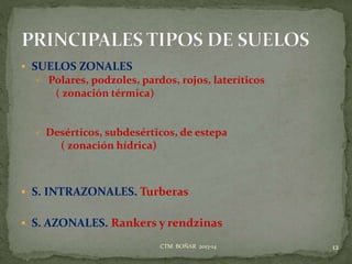  SUELOS ZONALES
 Polares, podzoles, pardos, rojos, lateríticos
( zonación térmica)
 Desérticos, subdesérticos, de estepa
( zonación hídrica)
 S. INTRAZONALES. Turberas
 S. AZONALES. Rankers y rendzinas
12CTM BOÑAR 2013-14
 